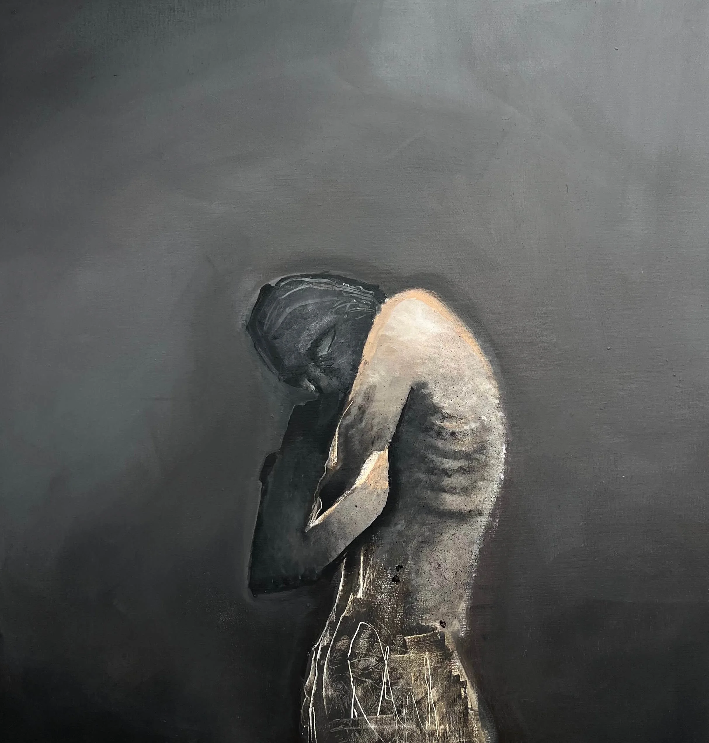 Alienated contemporary abstract figurative painting, bent human figure against dark grey background, textured canvas artwork by London artist