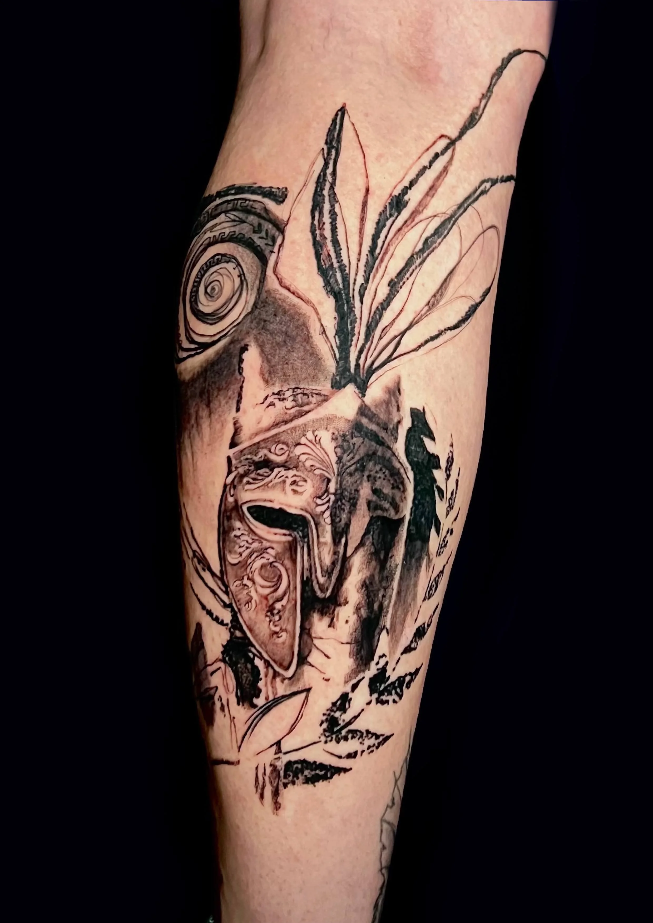 Detailed black and grey warrior portrait with feathered headdress.