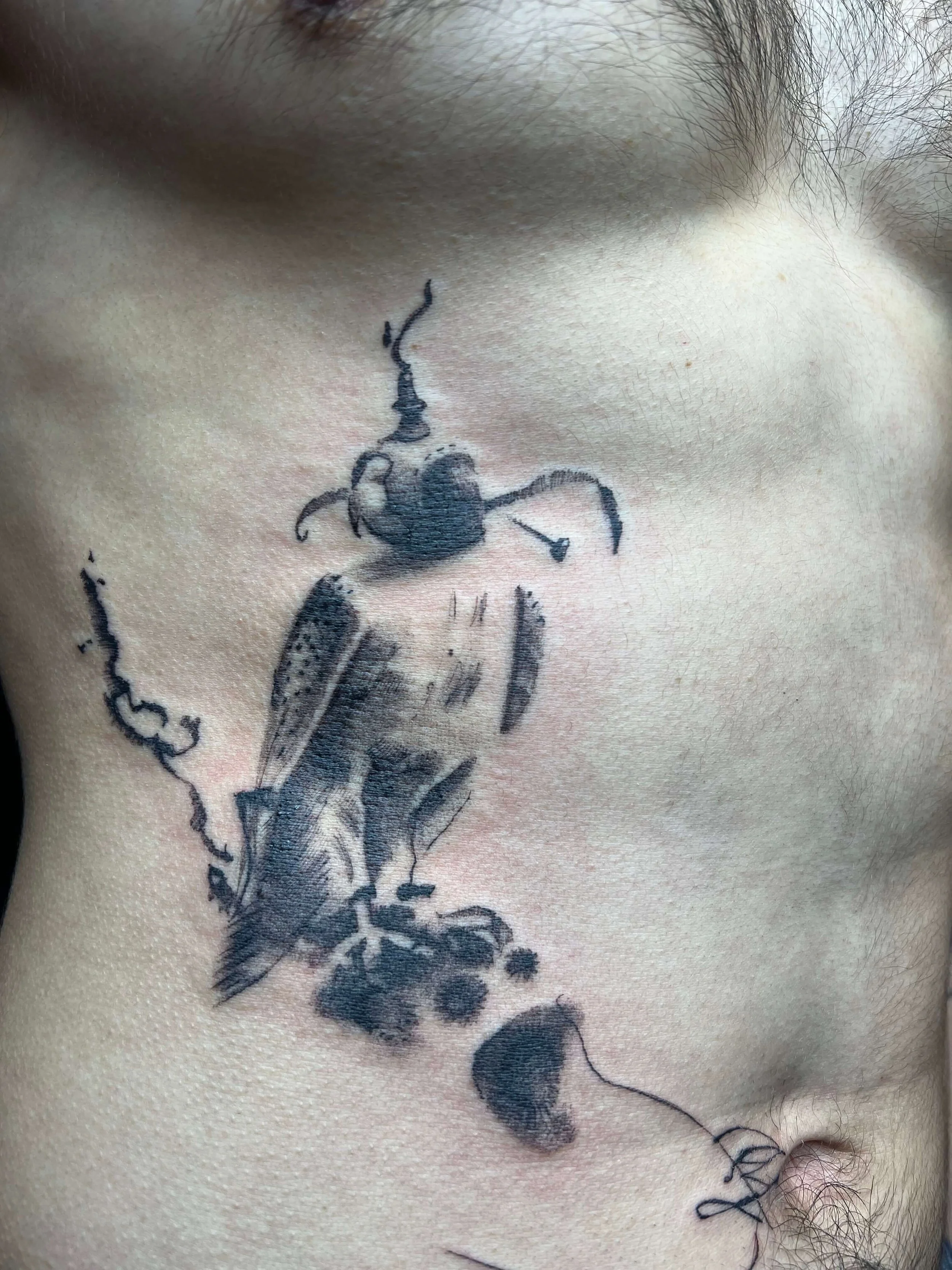 Abstract blackwork tattoo featuring a eagle motif with fine line detailing and structural composition.