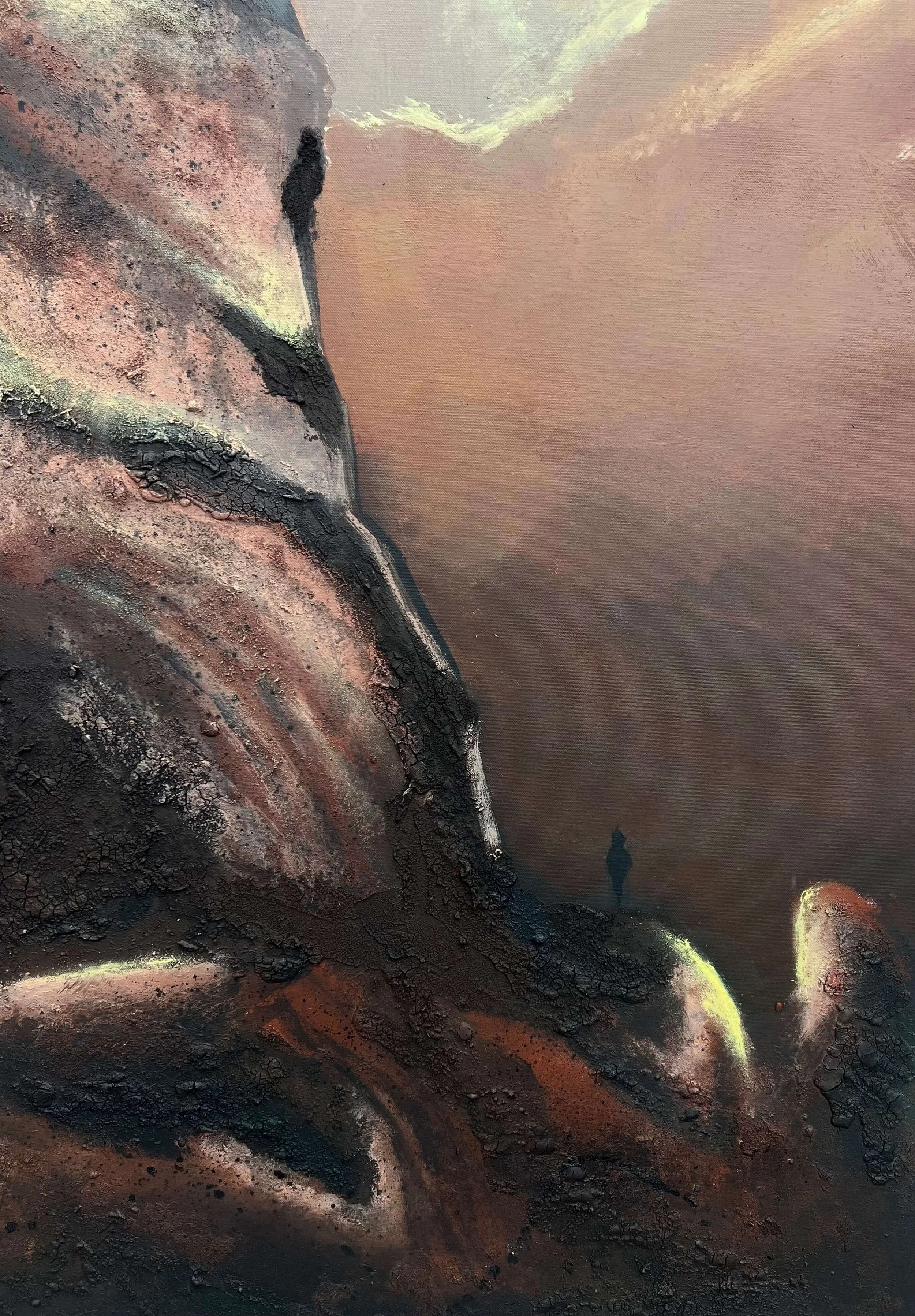 Detail of Whisper contemporary artwork highlighting layered brushwork and warm sky tones on canvas