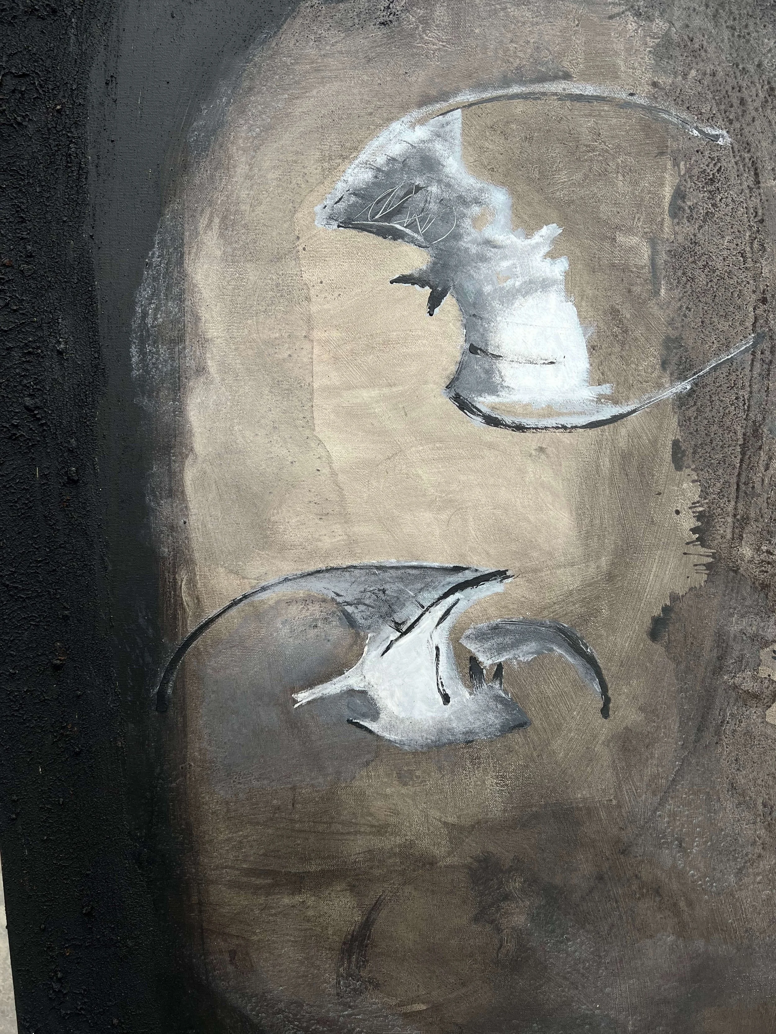 Close-up of Positive Drift contemporary artwork showing symbolic floating forms within a dark atmospheric composition