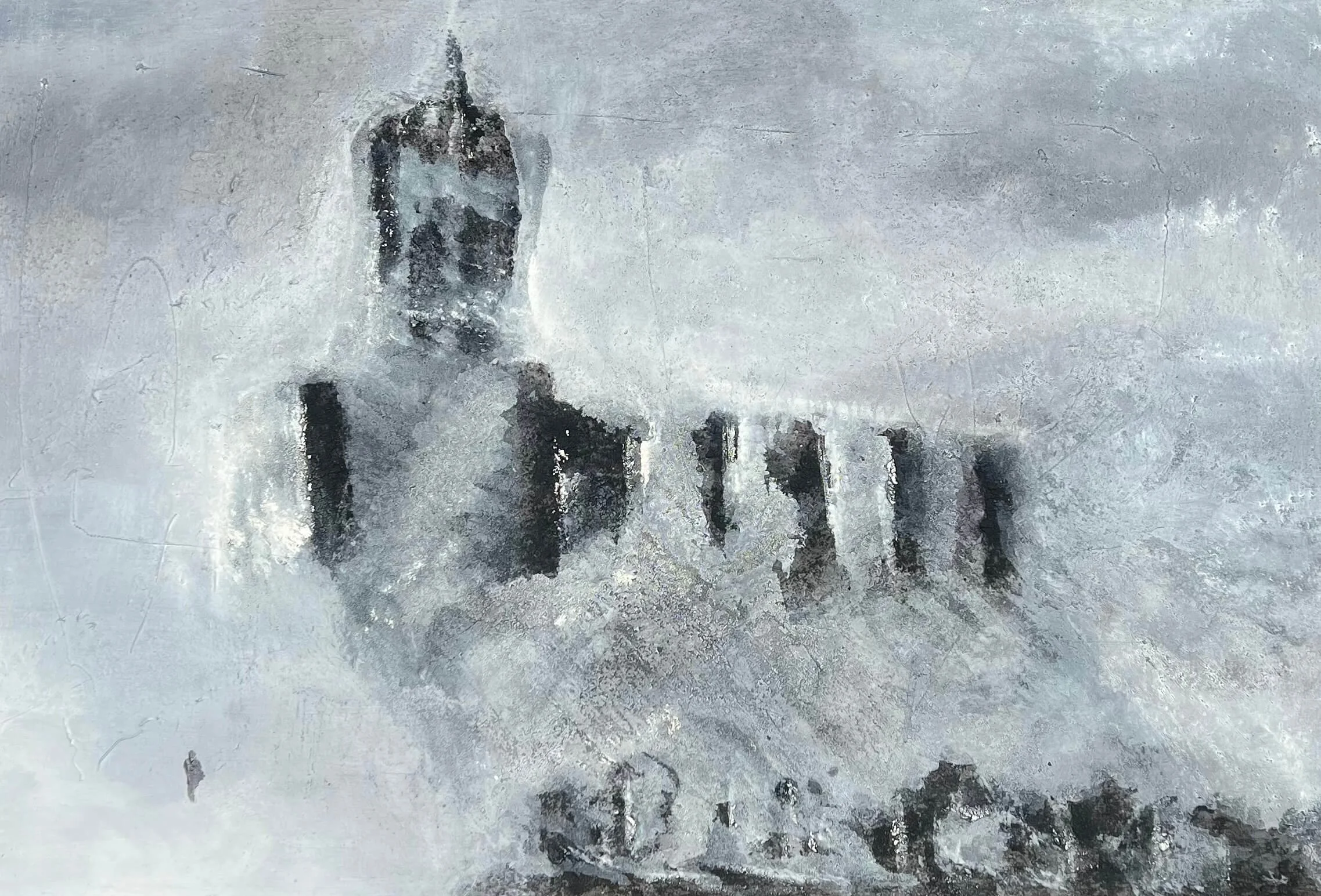 Silent Vessel contemporary abstract painting featuring a mist-covered architectural form in soft grey tones, original artwork by London artist