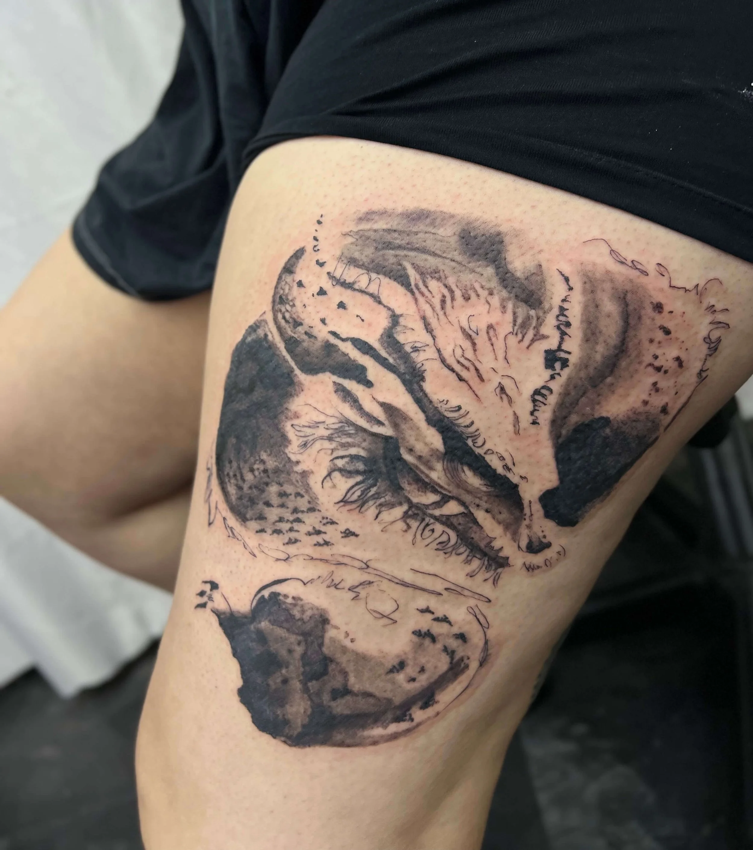 Blackwork dragon composition with intricate organic detailing.