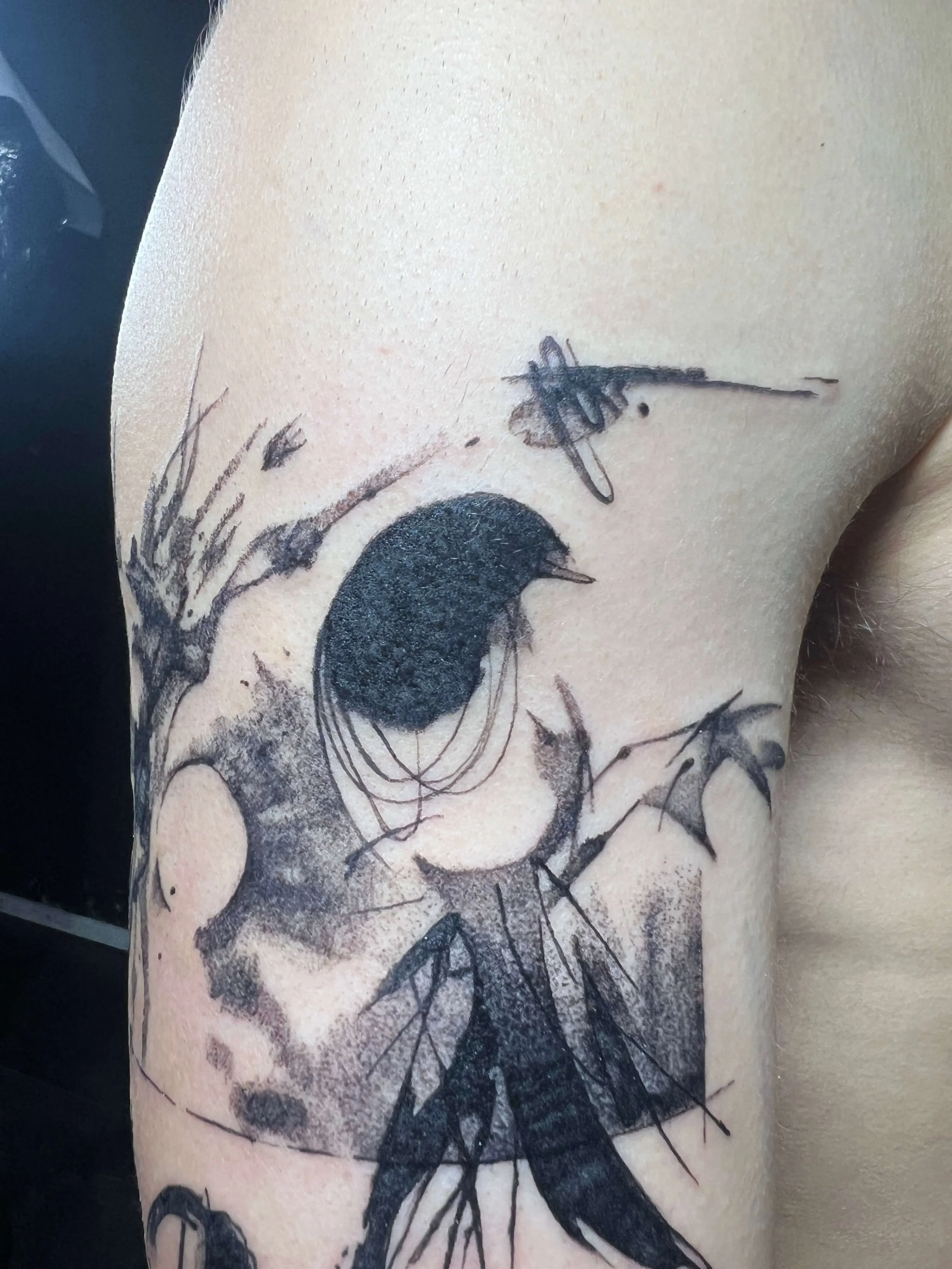 Abstract blackwork tattoo on the upper arm combining bird and insect forms in a fluid graphic composition.