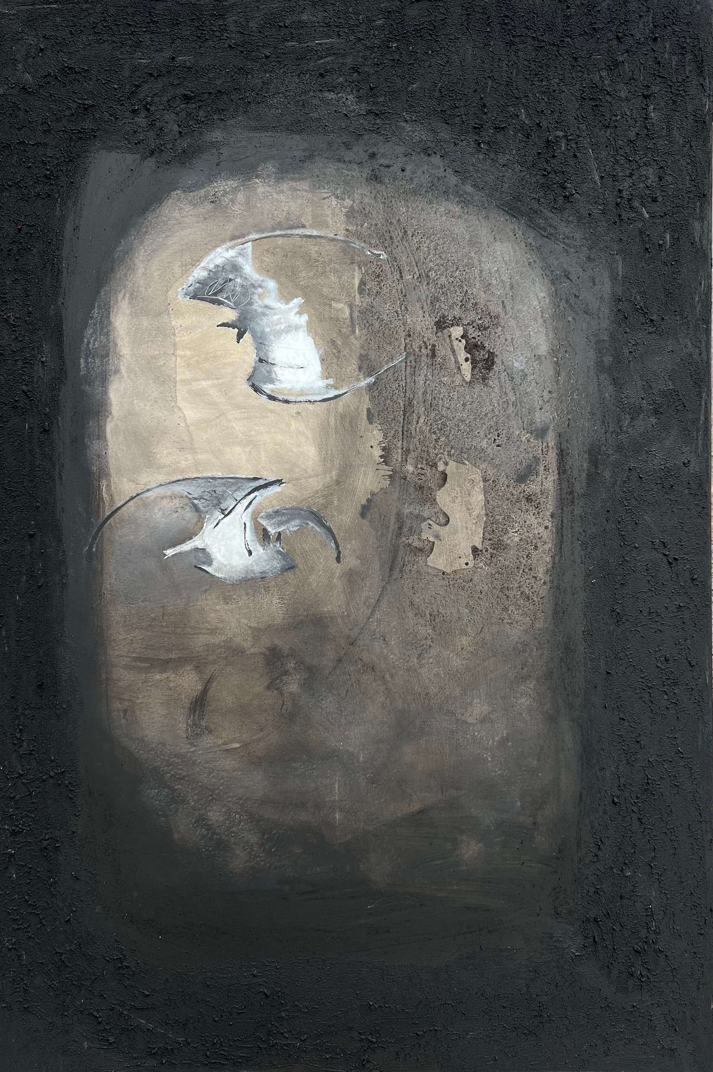 Positive Drift contemporary abstract painting featuring pale bird-like forms against a dark textured background, original artwork by London artist