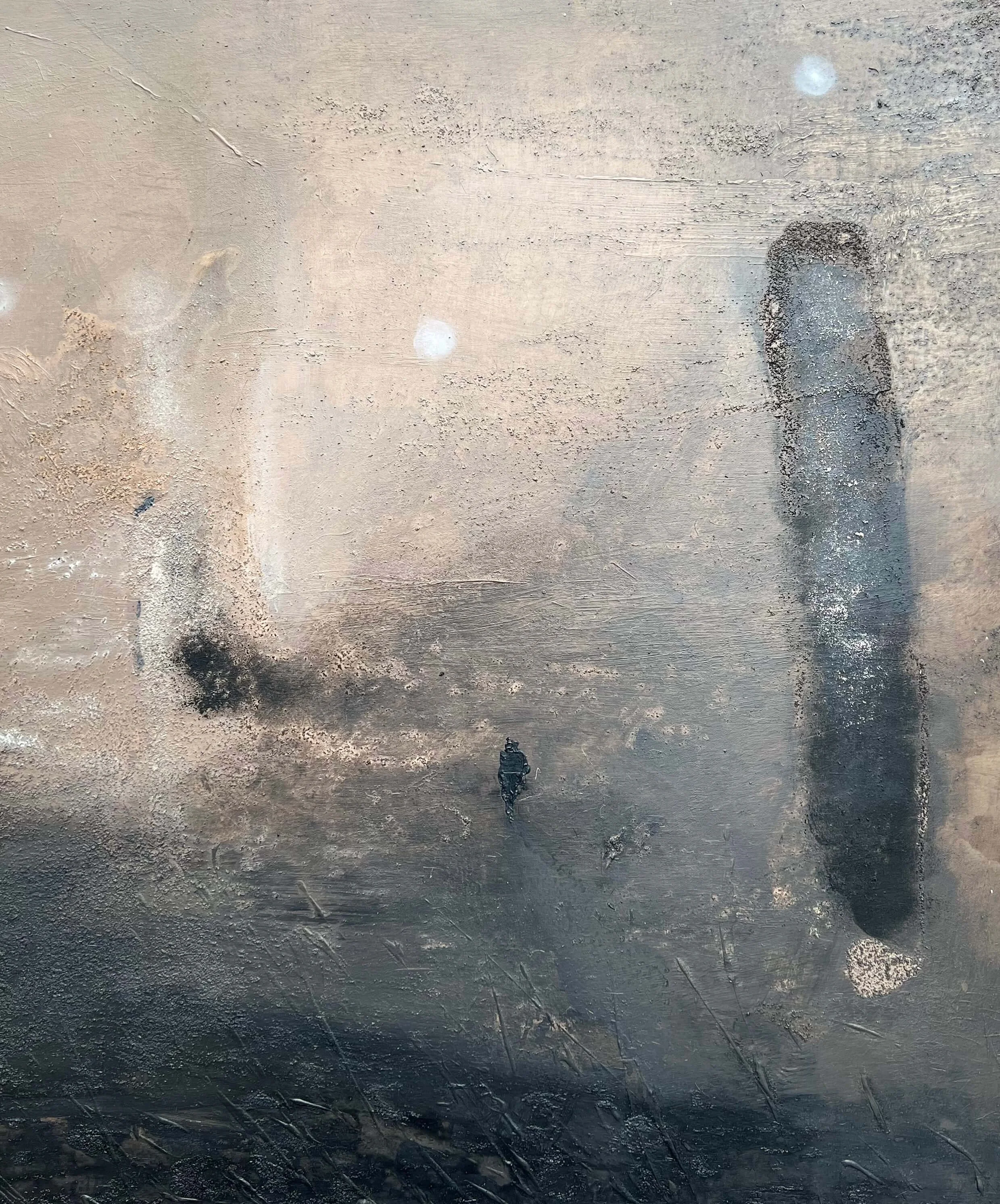 Misted Field abstract painting detail highlighting layered textures and muted beige and grey tones on canvas