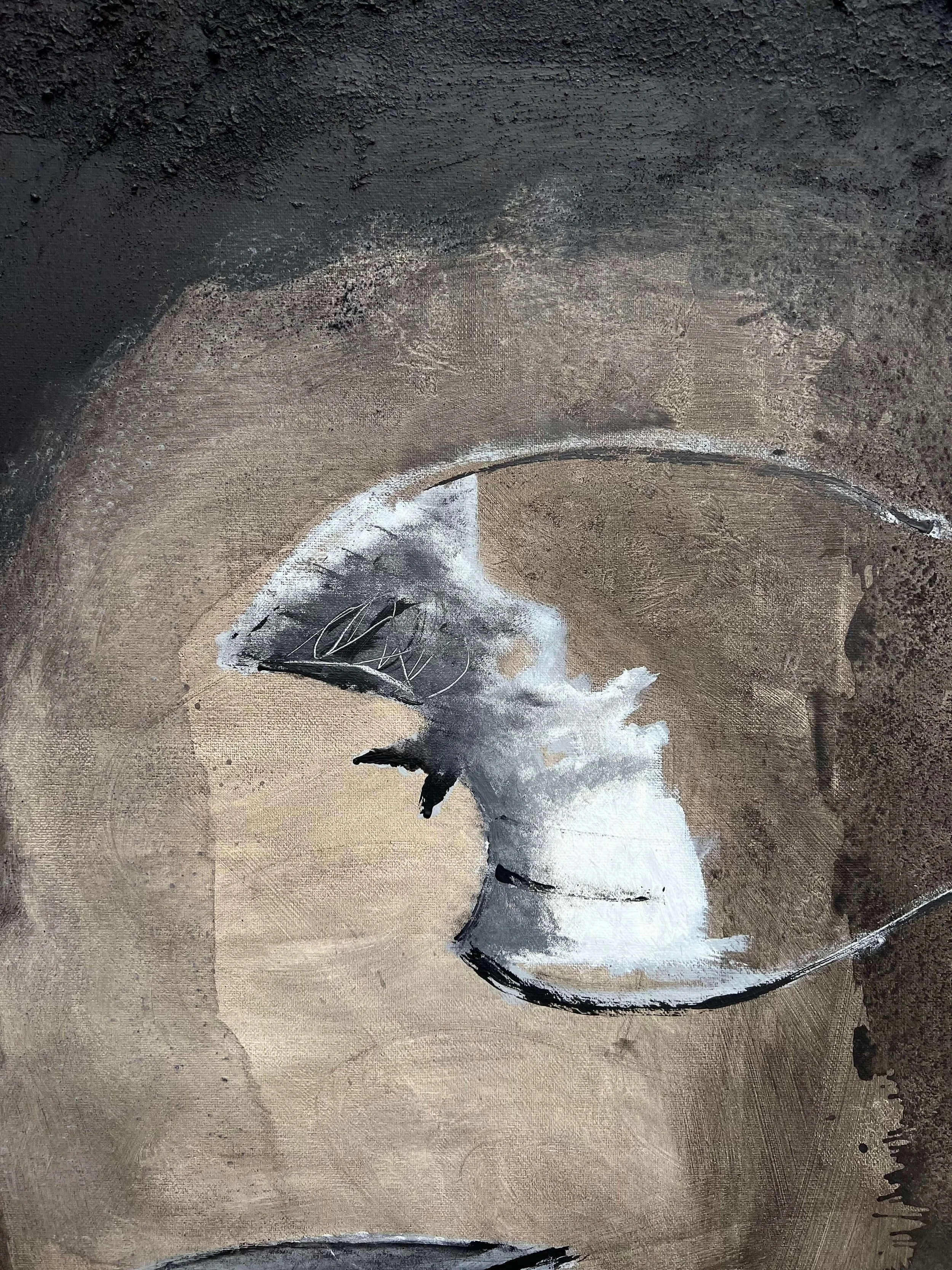 Detail of Positive Drift abstract painting highlighting layered texture and muted grey and beige tones on canvas