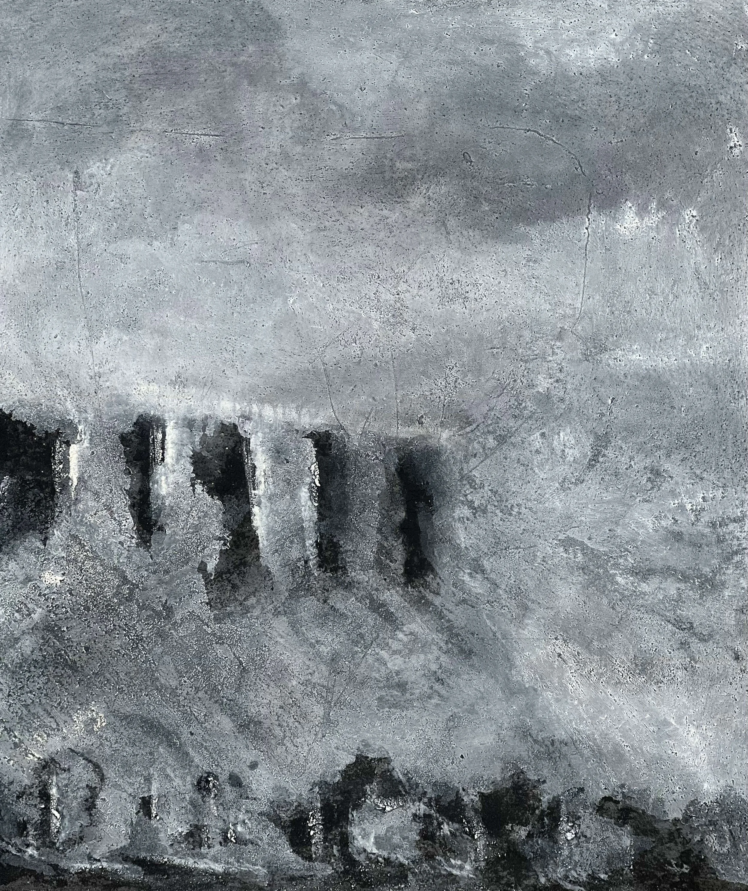 Close-up of Silent Vessel contemporary artwork showing layered grey tones and architectural silhouette within a misty landscape