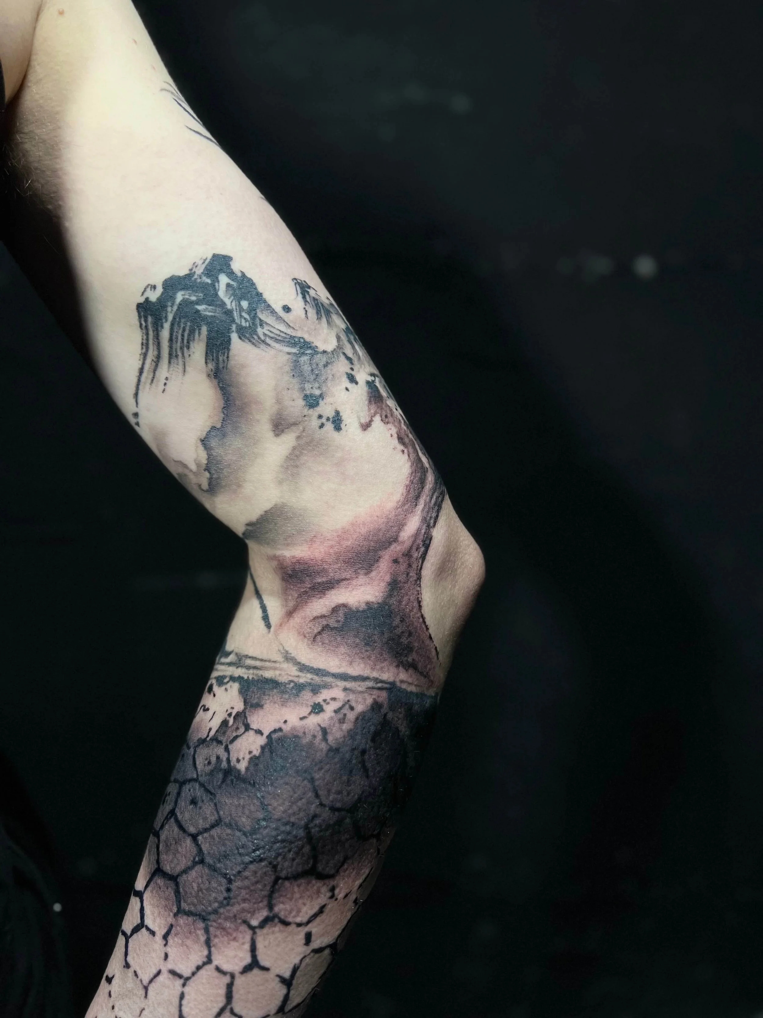 Illustrative blackwork mountain with geometric hexagon detailing and atmospheric linework.