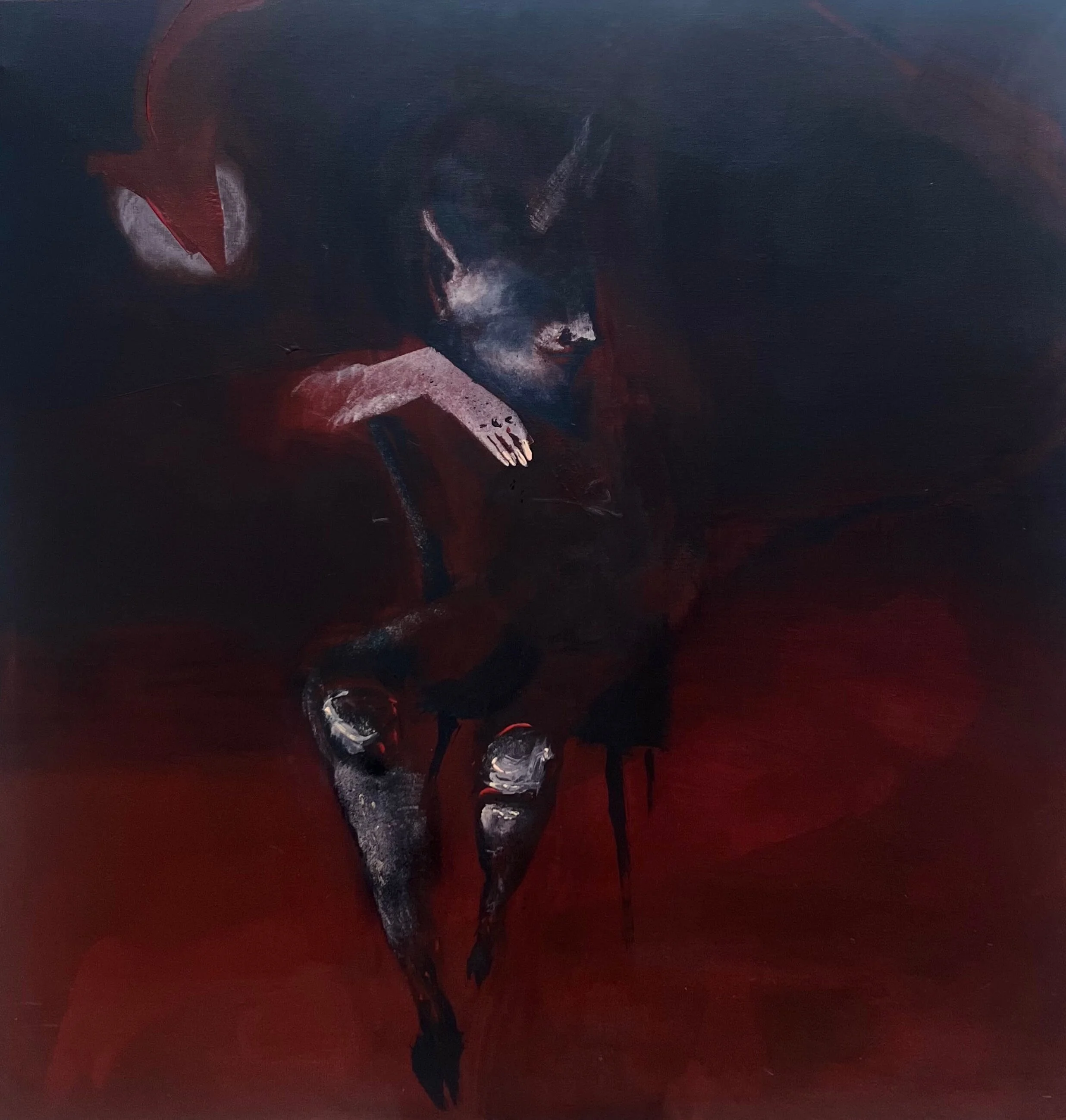 Social Creature contemporary abstract figurative painting, suspended human figure in deep red and blue tones, original artwork by London artist