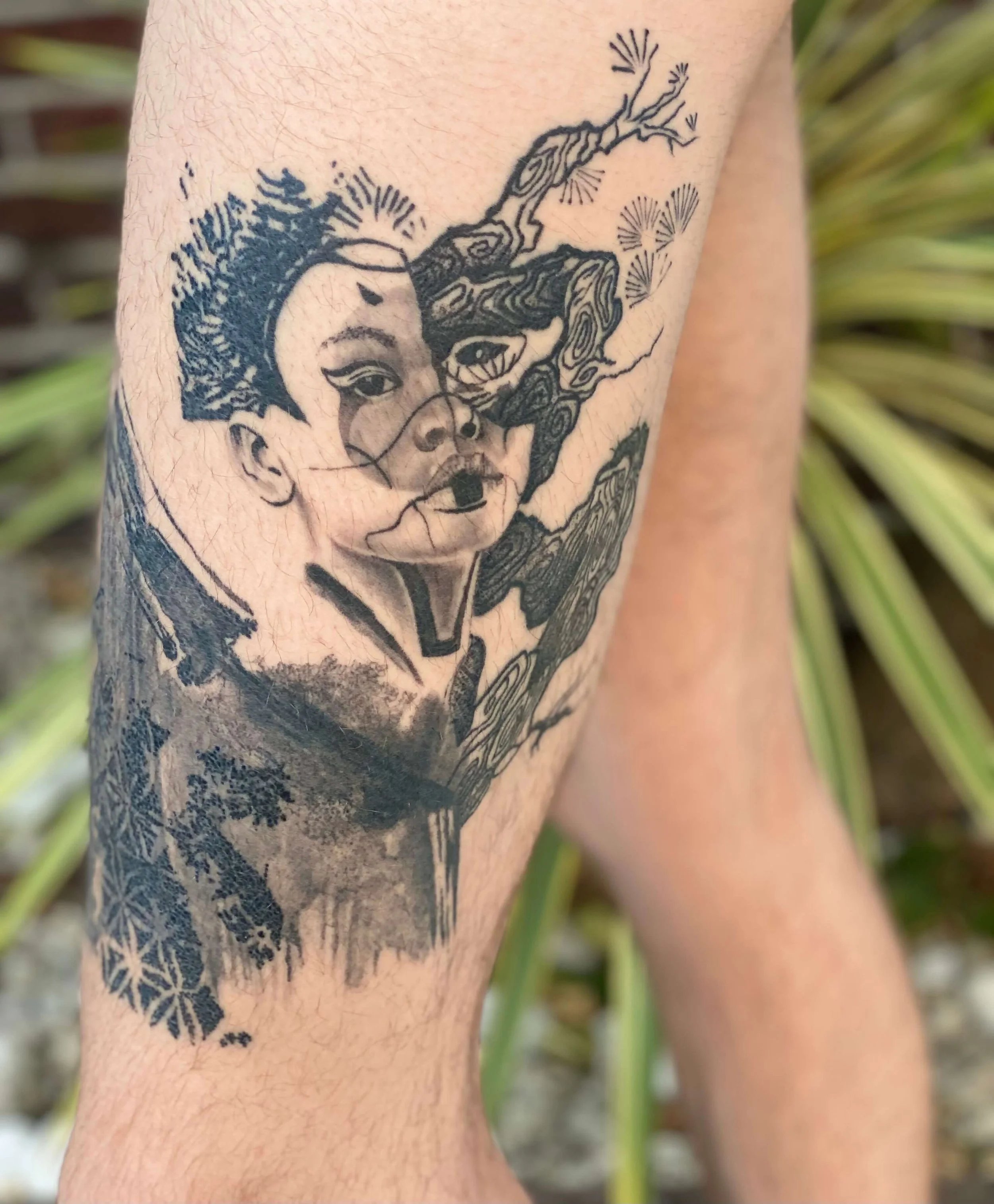 Contemporary illustrative woman’s face design blended with organic elements.