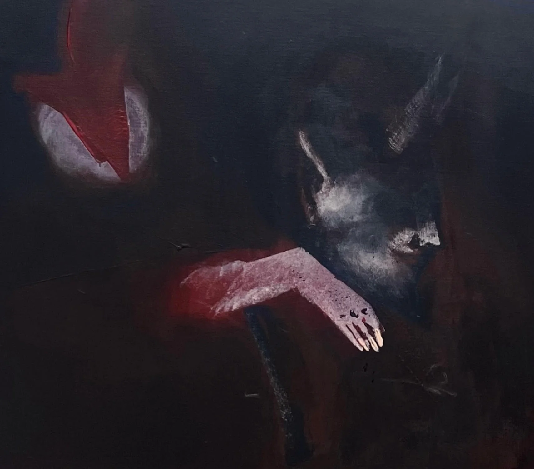 Detail of Social Creature abstract painting showing expressive figure and dark atmospheric background, contemporary art on canvas