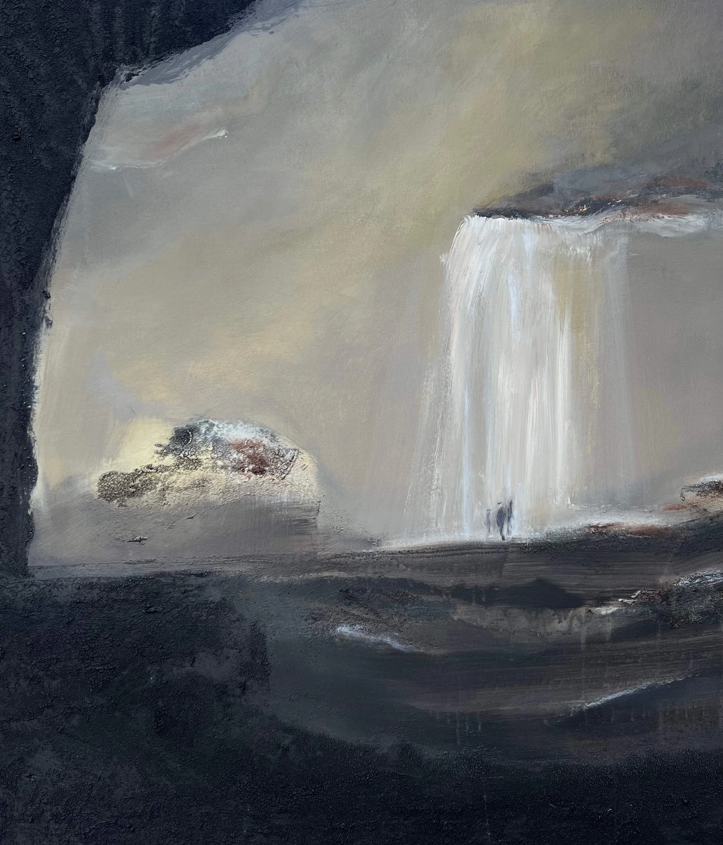 Detail of Monumentality abstract painting showing textured grey sky and cascading waterfall, contemporary art by London artist