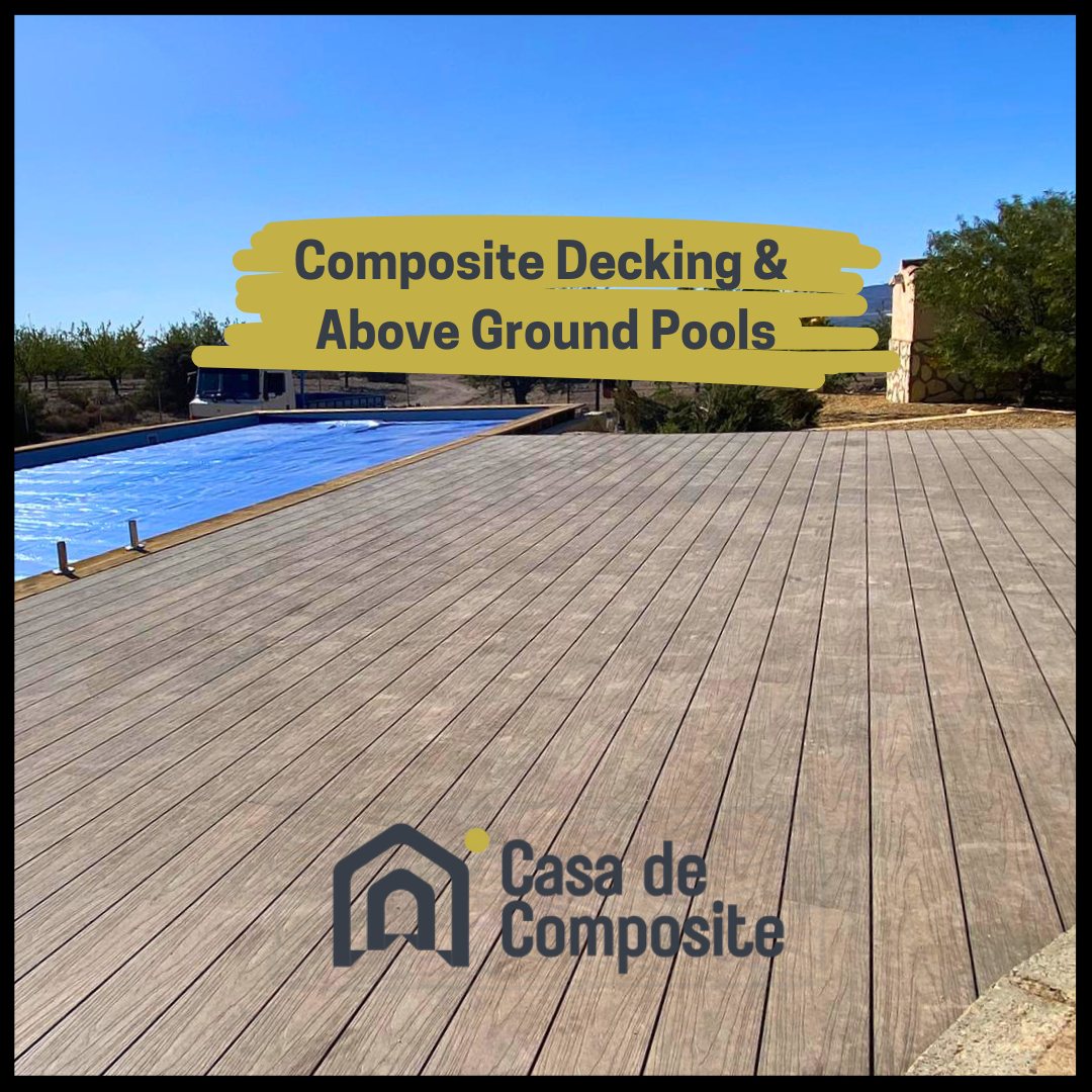 Composite decking next to an above-ground pool with a cover, Casa de Composite logo displayed.