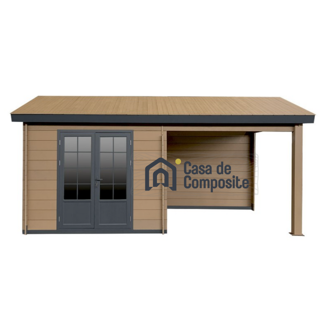 9m2 Brown Garden Room with 9m2 Side Pergola and Double-Glazed Aluminium Double Doors