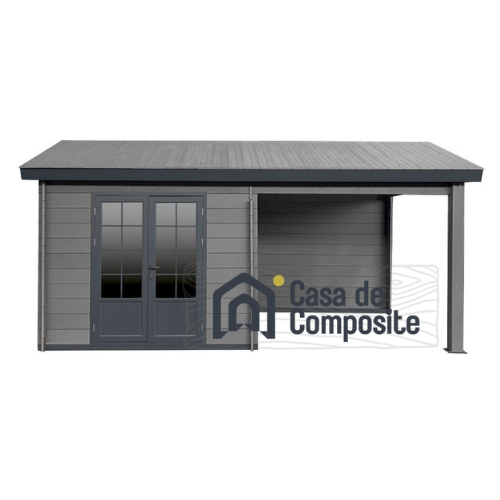 9m2 Grey Composite Garden Room with a 9m2 Side Pergola and Double-Glazed Aluminium Double Doors