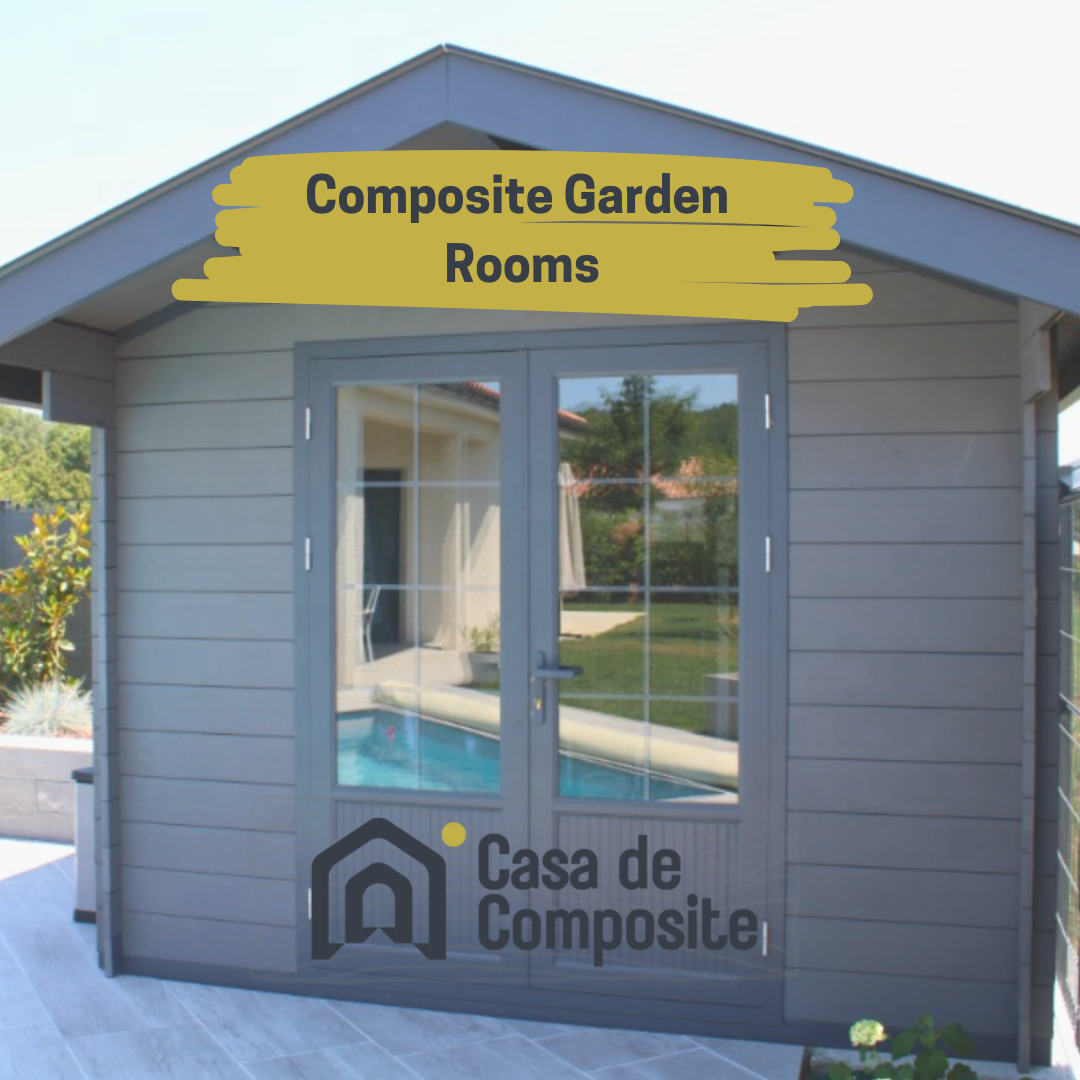 Composite garden room with glass doors and logo, Casa de Composite.