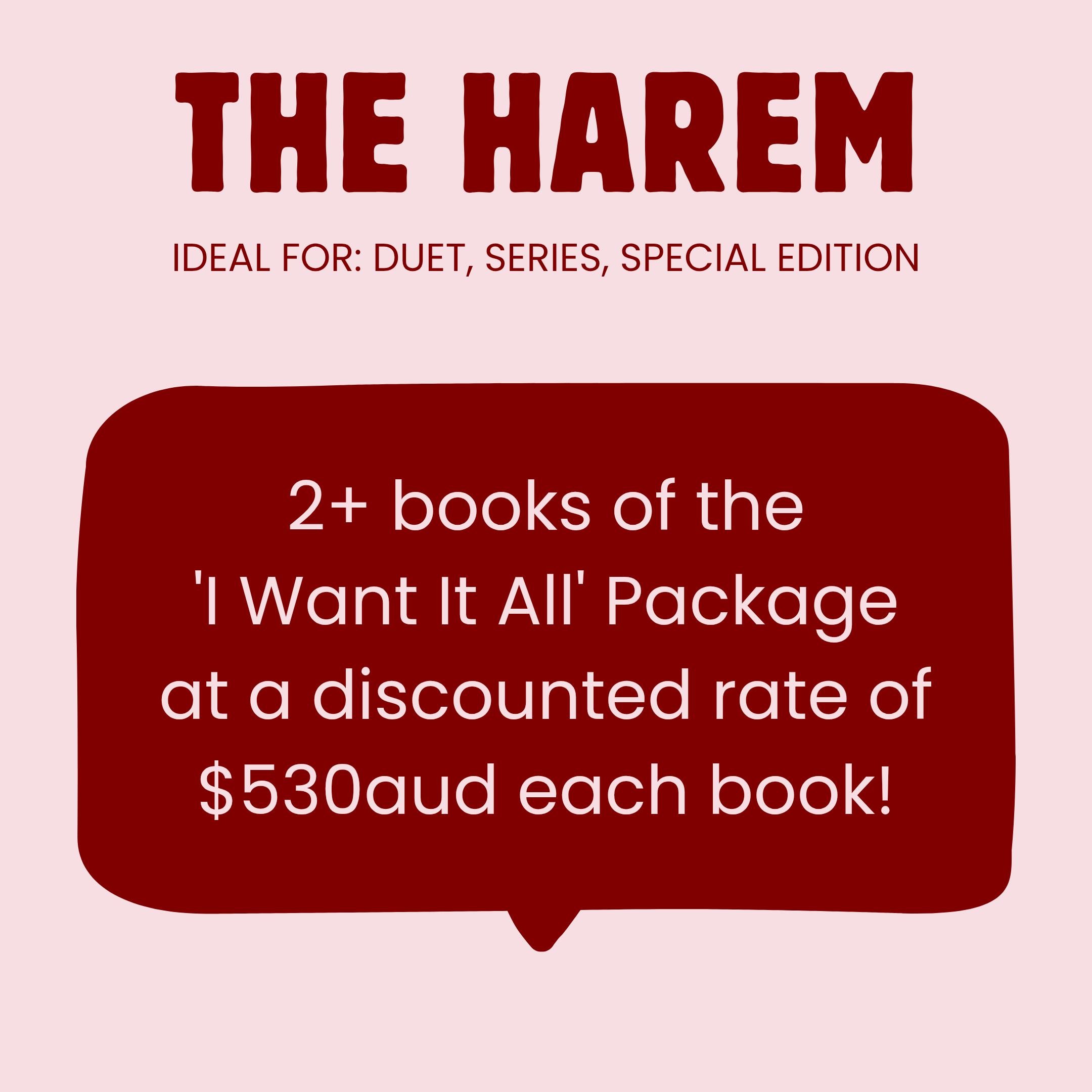 Information about 'The Harem' product package, including prices for Australia and the US, and a list of digital and art resources such as ebook covers, mockups, PNGs, and graphics, along with a badge stating '2 books of the 'I want it all' package'.