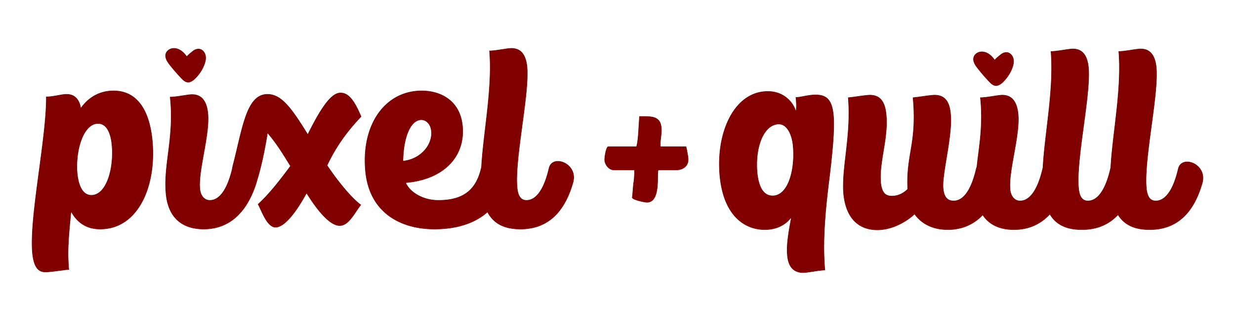 The phrase 'pixel+quill' in stylized red text with a small red heart above the 'i' in 'pixel'.