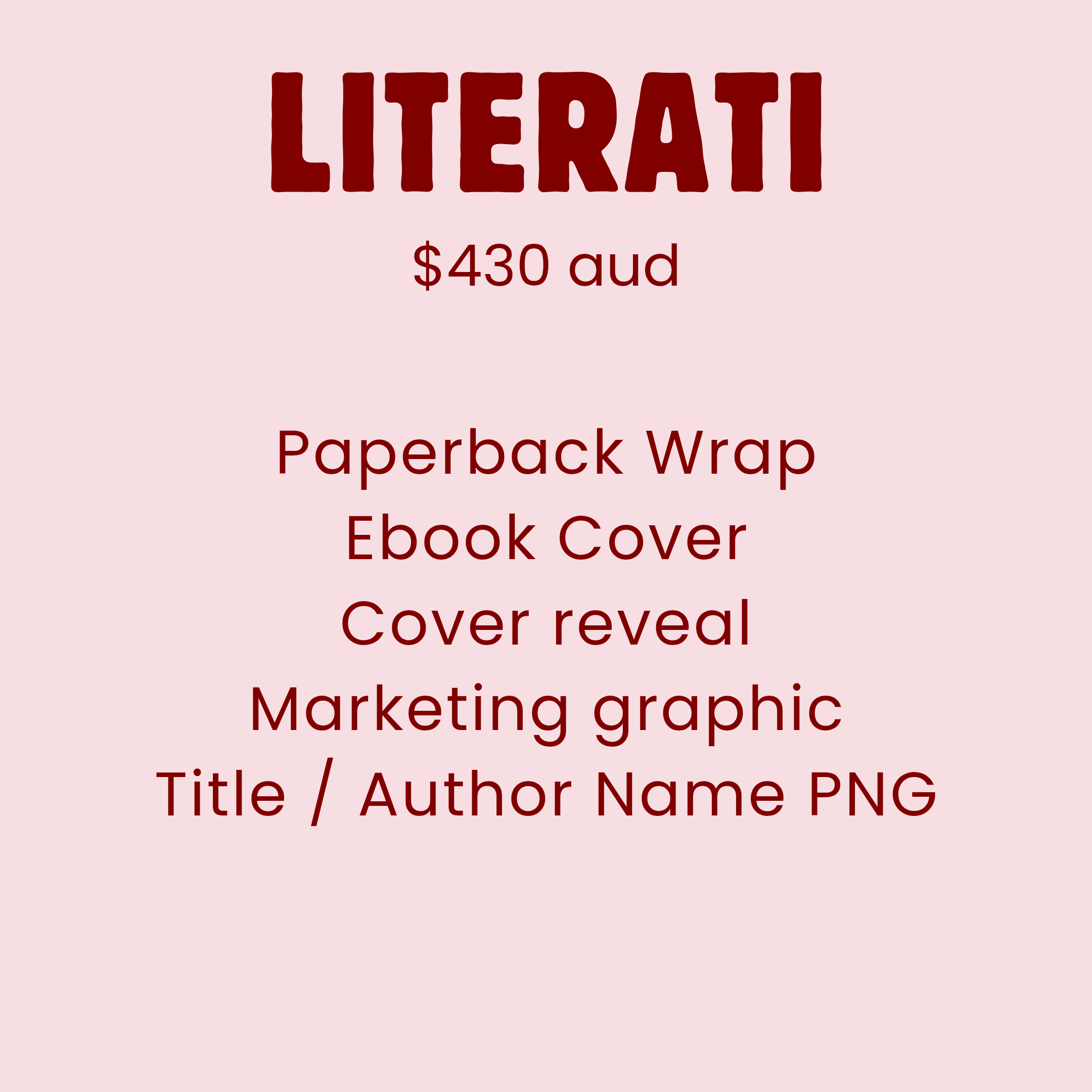 Pricing and items related to book cover design including paperback wrap, ebook cover, title PNG, mockup, ARC ebook cover, cover reveal graphic, with prices listed in AUD and USD.