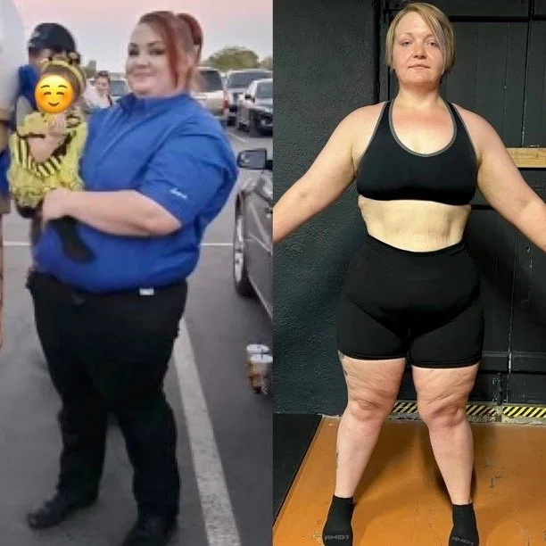 Side-by-side photos of a woman before and after weight loss: on the left, she is wearing a blue top and black pants, holding a child in a yellow and black striped shirt; on the right, she is in a black workout outfit, showing significant weight loss