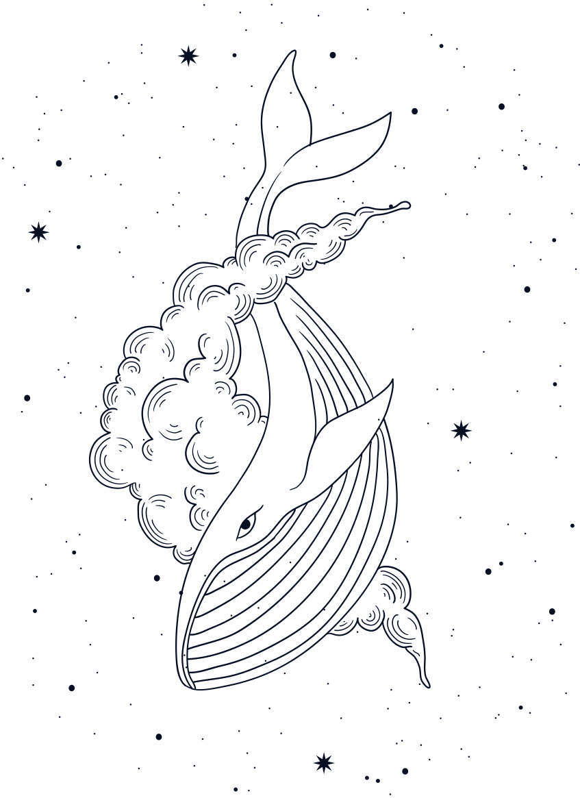 Icon drawing of a large whale swimming deep into the sea with cloud shapes surrounding it.