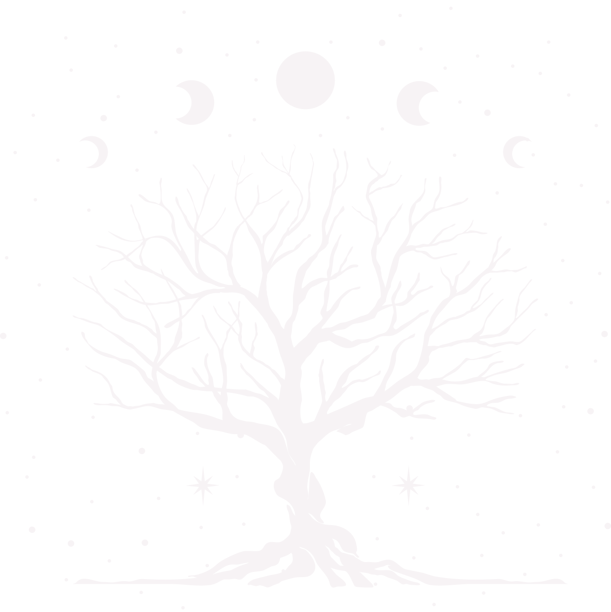 Iconic white drawing of a large tree with the moon phases overhead.