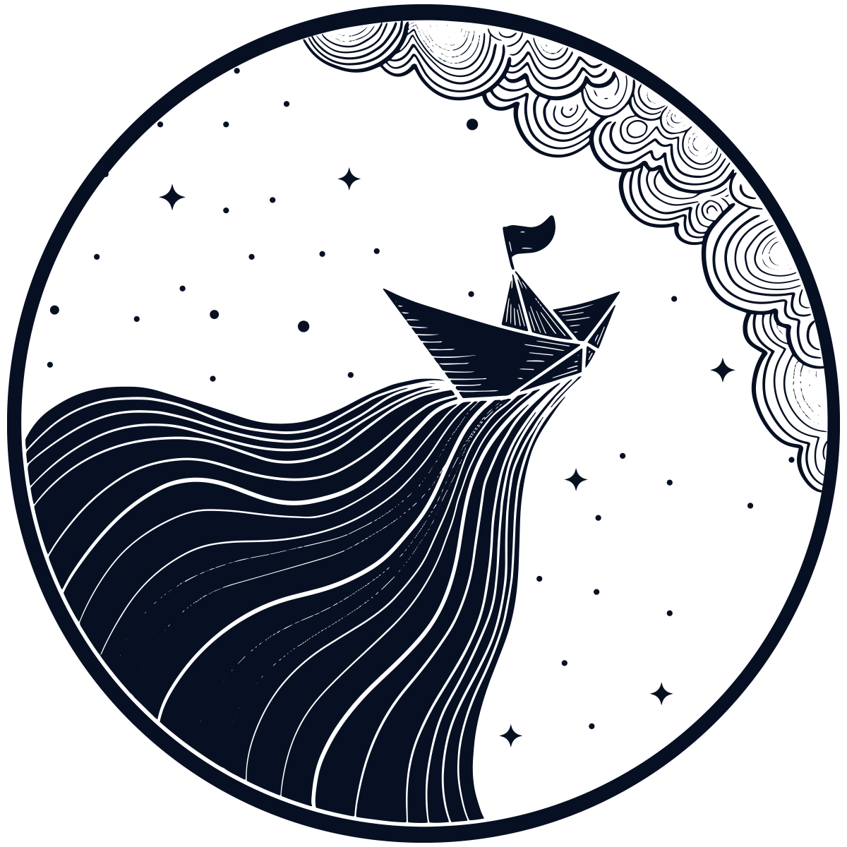 Iconic drawing of a paper boat sailing on a dreamlike stream of water with stars and clouds overhead.
