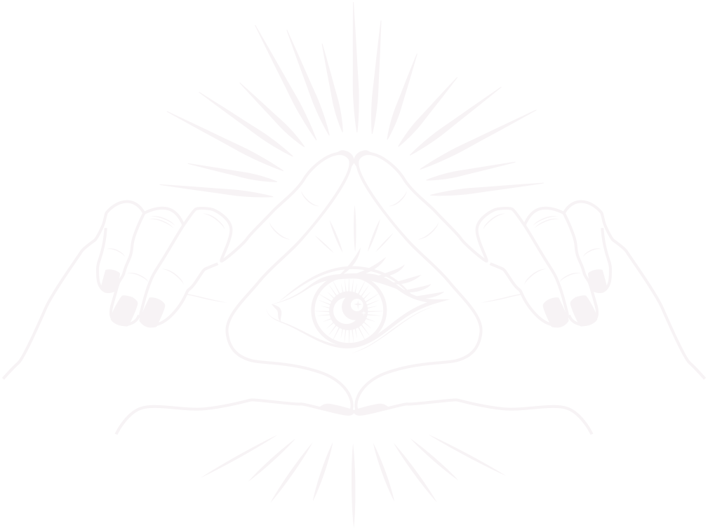 Iconic drawing of hands in a triangle shape with an eye in the middle and sparkle lines all around.