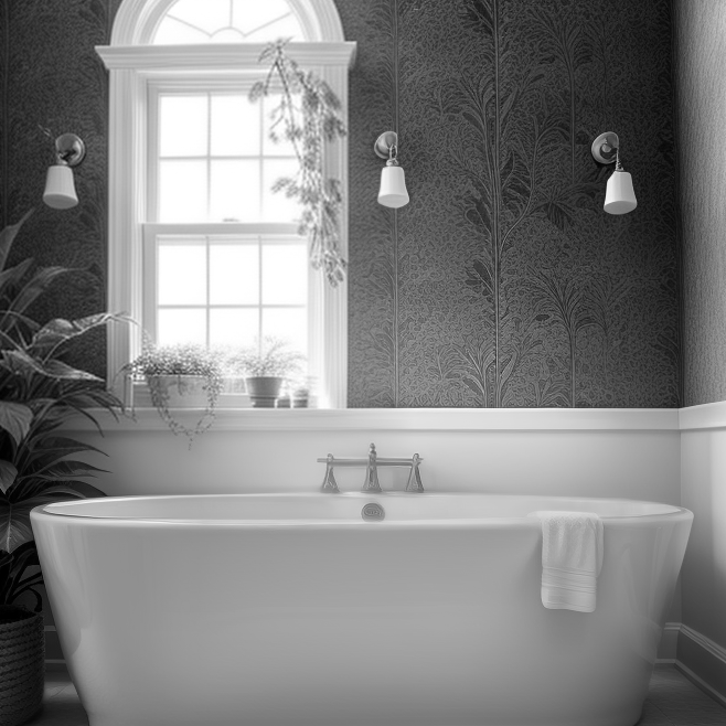 A white bathtub in a bathroom with a window, potted plants, and wall-mounted lights.