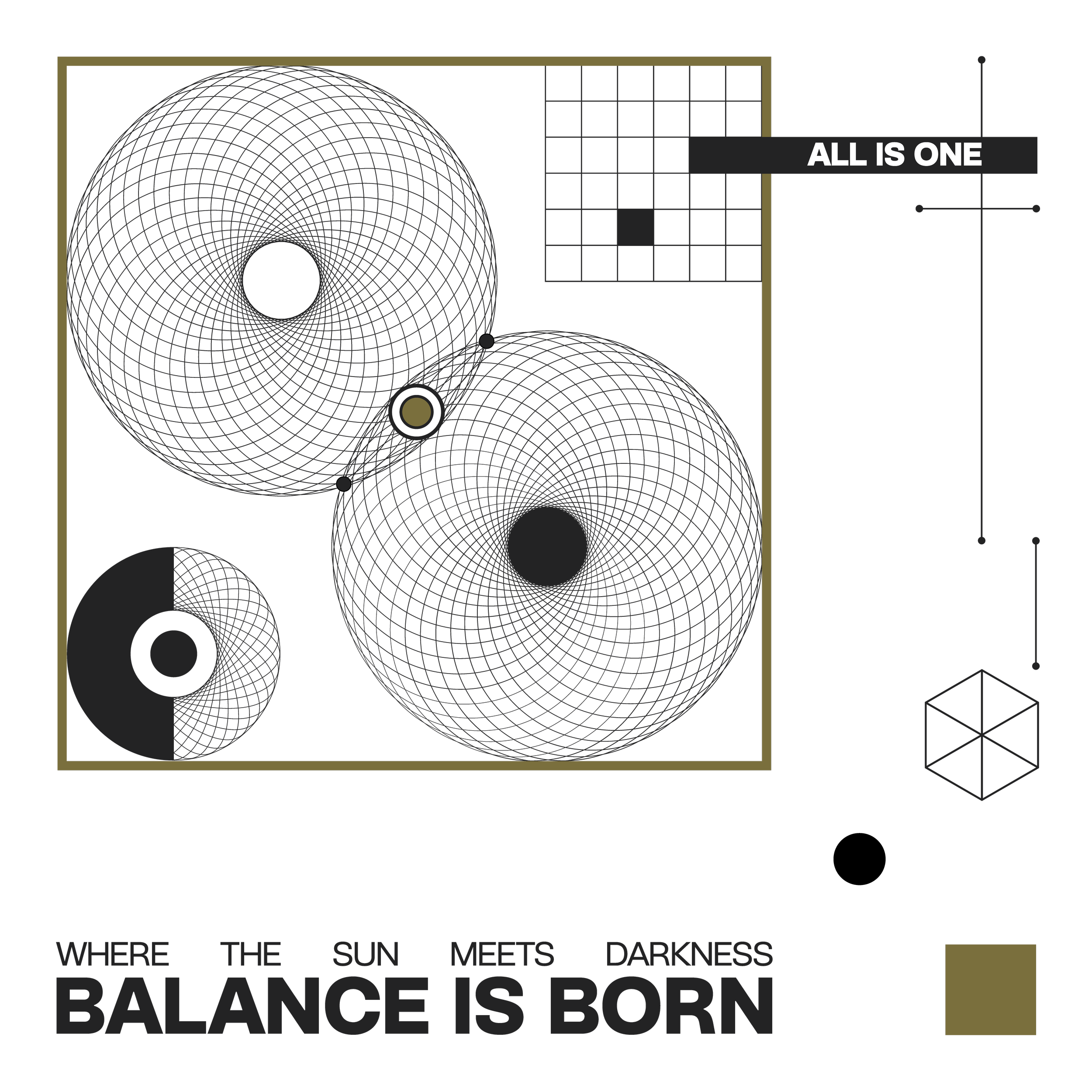 Graphic depiction of celestial bodies and geometric shapes with the phrase 'WHERE THE SUN MEETS DARKNESS BALANCE IS BORN' and 'ALL IS ONE'
