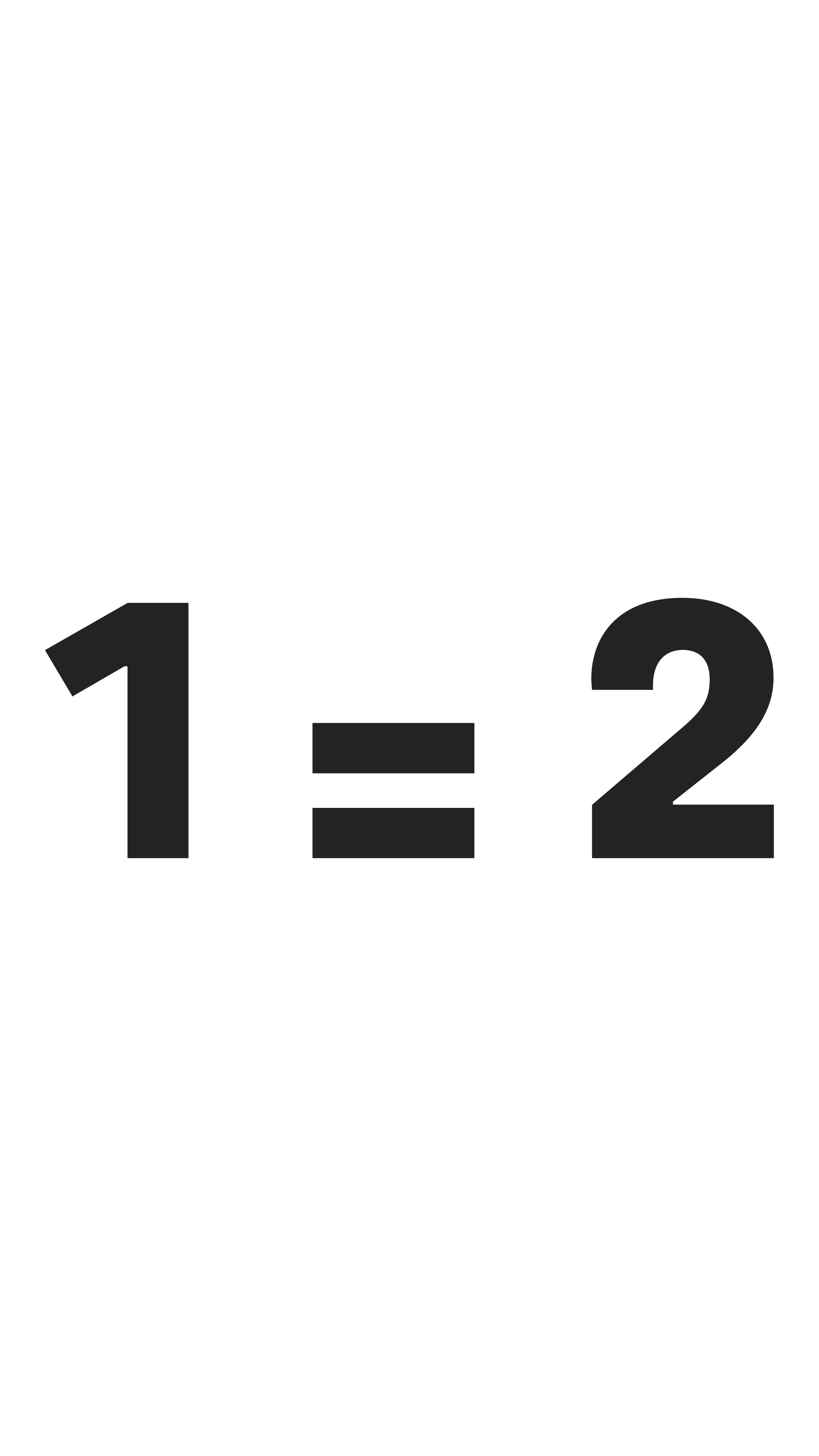 Black background with large white and gray text displaying the fraction '1:2'.