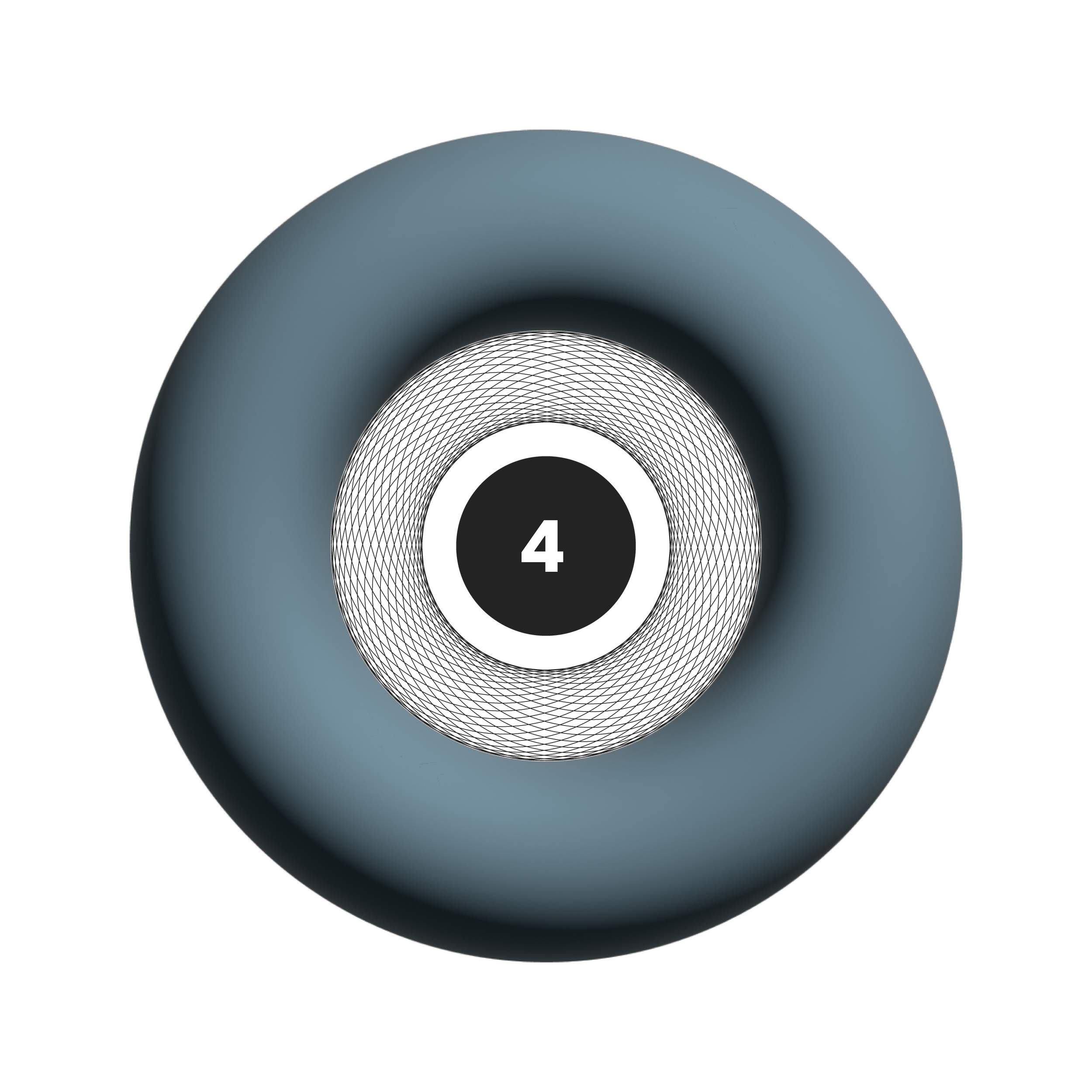 A close-up of a 3D virtual dice showing the number 4, with a dark background and a blue and black design.