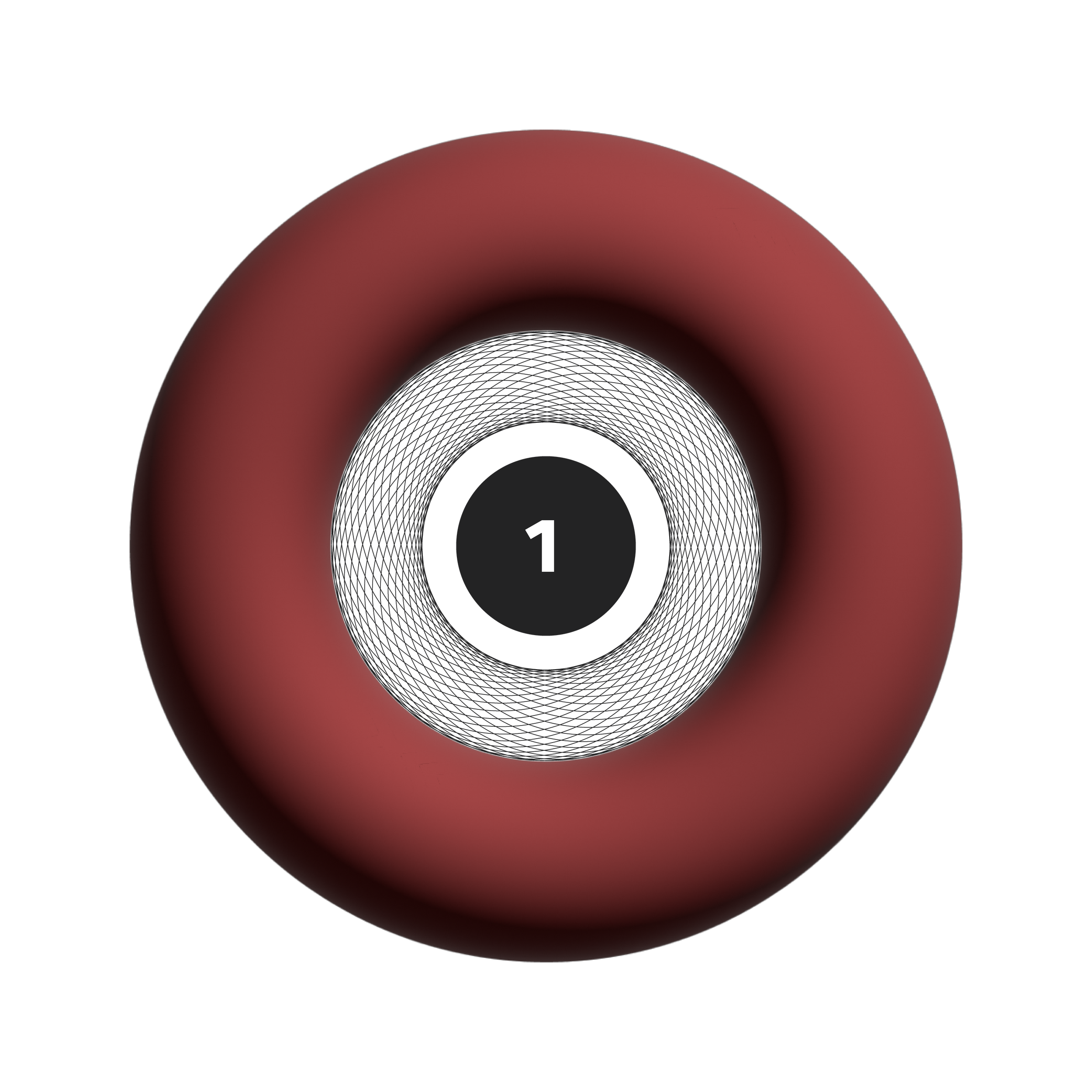 Digital illustration of a doughnut-shaped object with a pinkish-brown exterior and a black interior, featuring a central black circle with the number 1 inside.