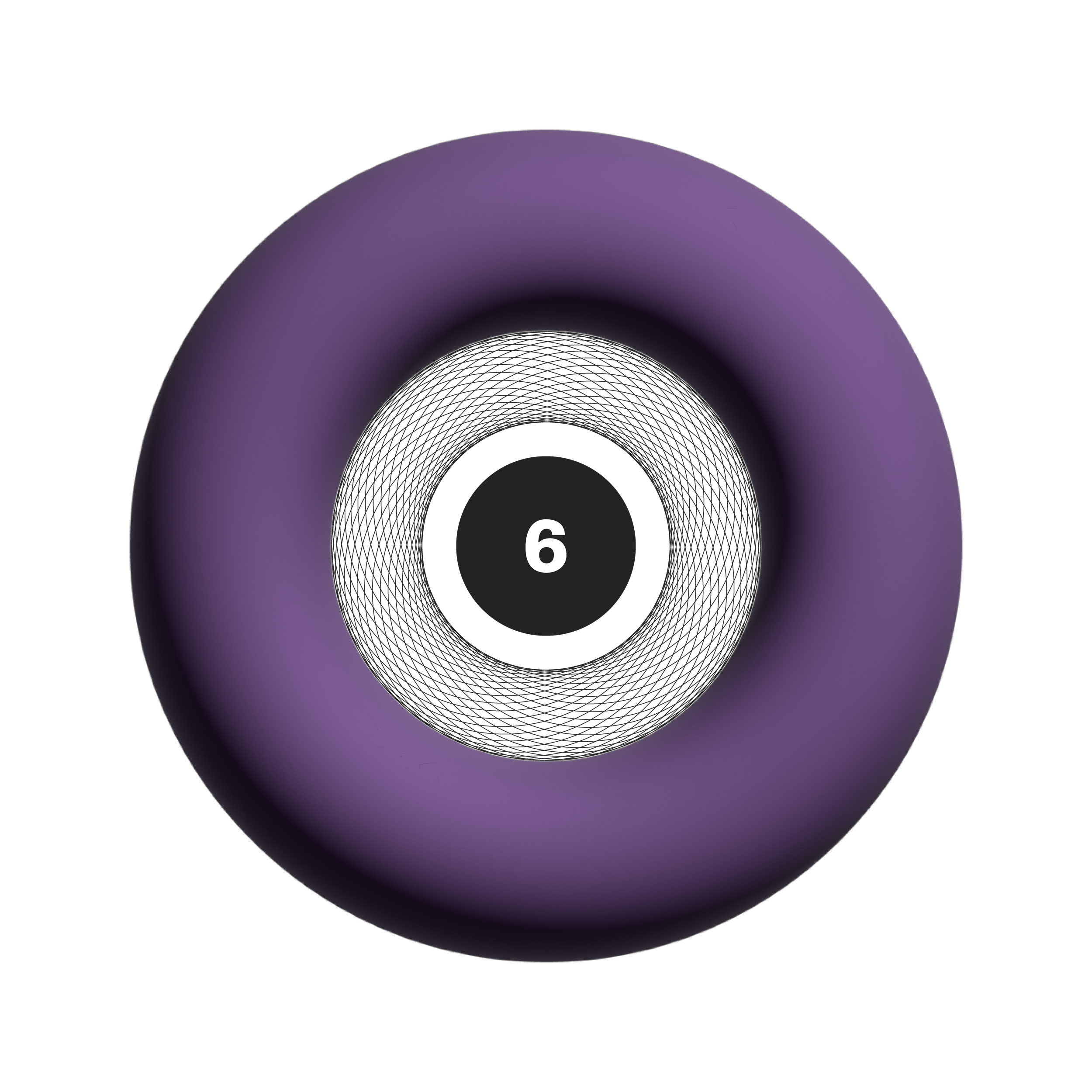 A purple and black pool ball with the number 6 on it.