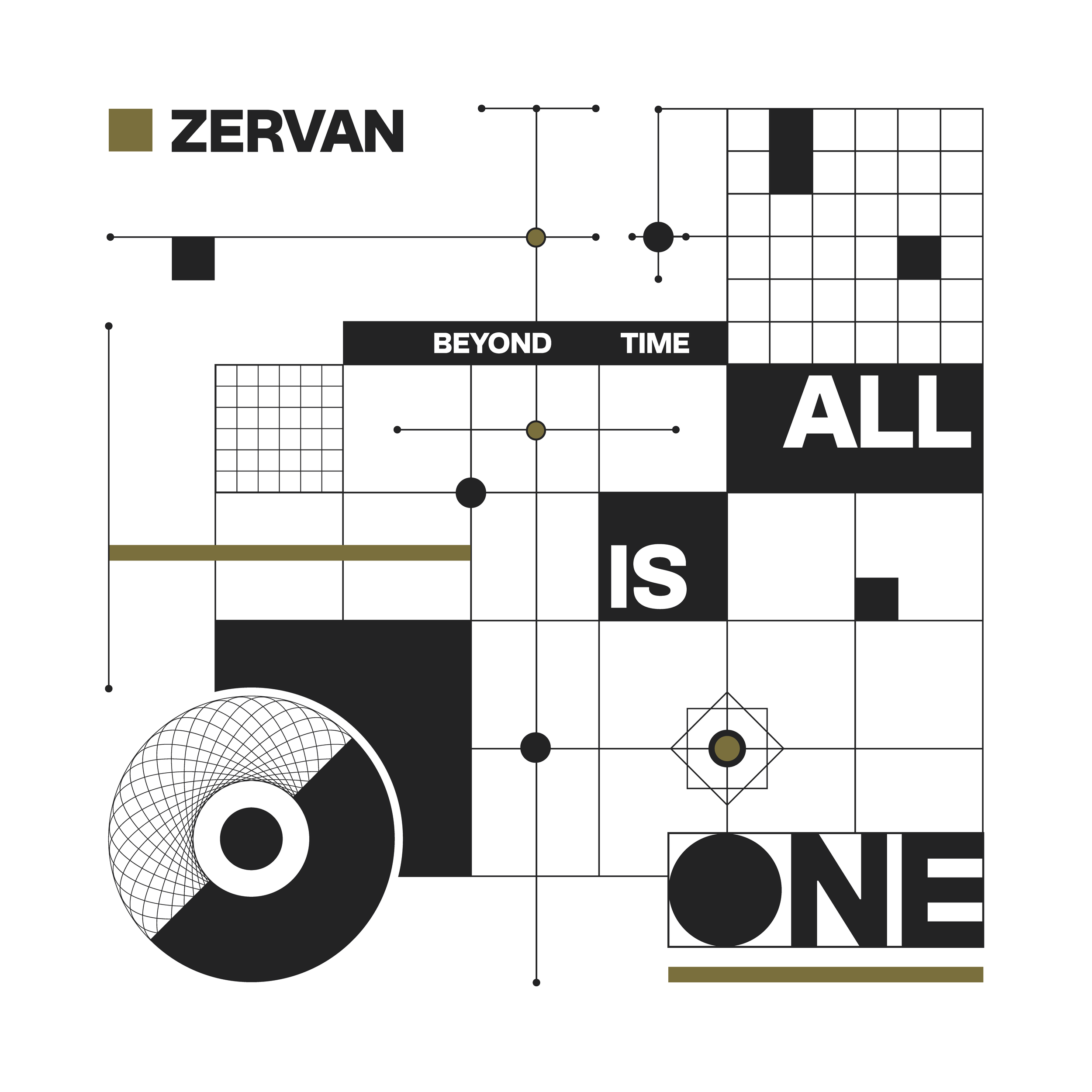 Graphic design with text, shapes, and lines, featuring the words "ZERVAN," "BEYOND TIME," "ALL IS ONE" in bold letters, and various geometric patterns including grids, circles, and intersecting lines.