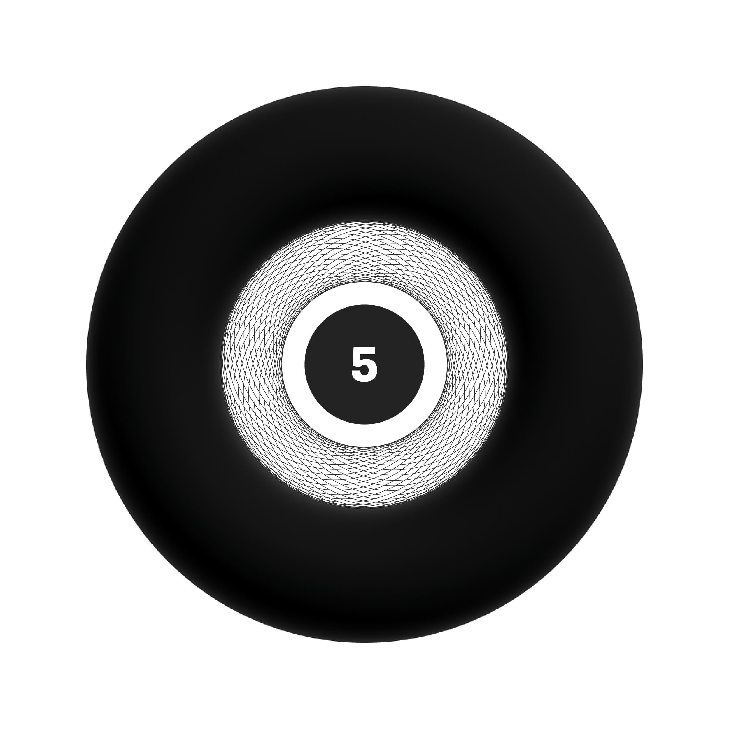A circular electronic game interface with a black background, displaying the number 5 in the center.