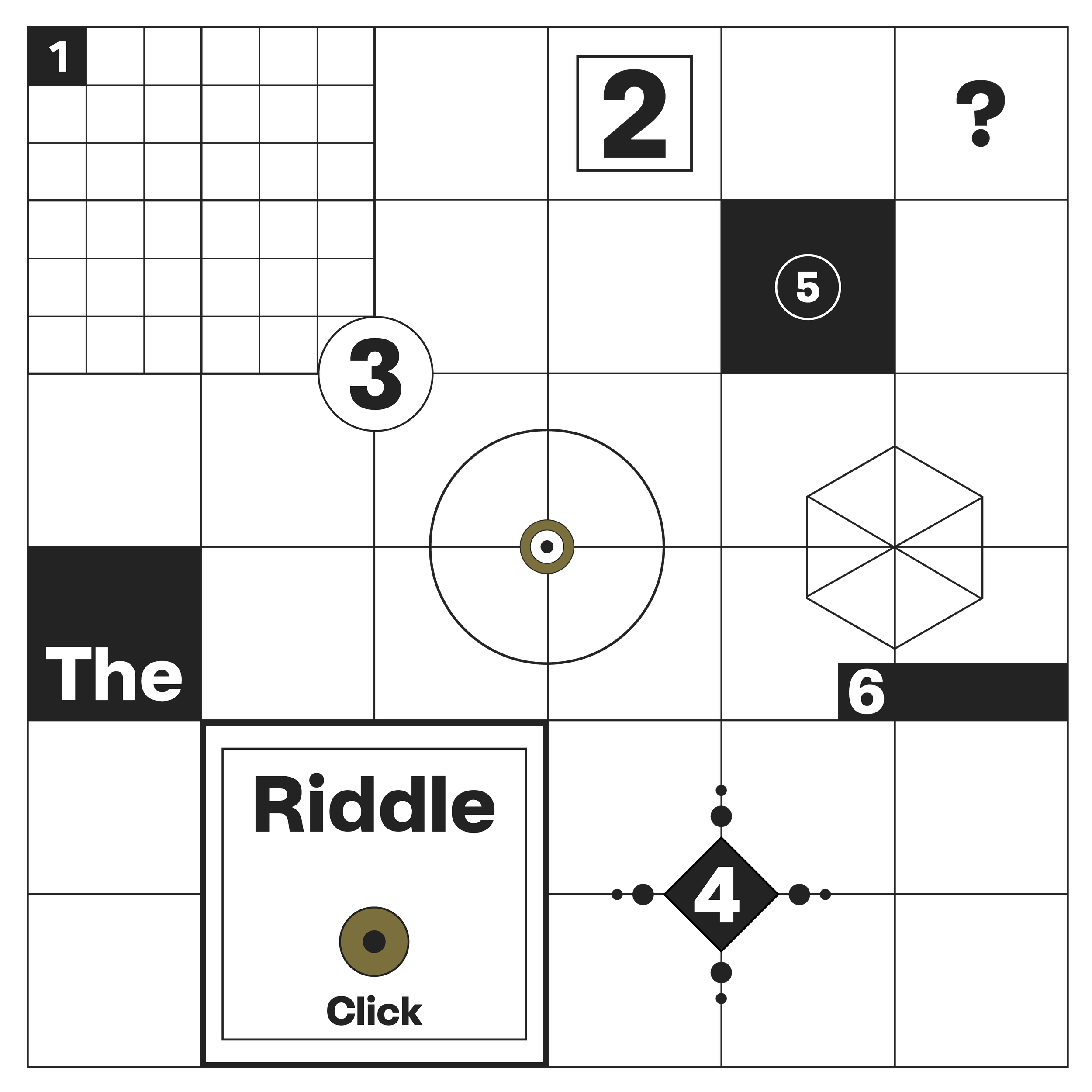 Diagram of the game of Tic-Tac-Toe with numbers and symbols, including a question mark and instructions to click on the riddle area.