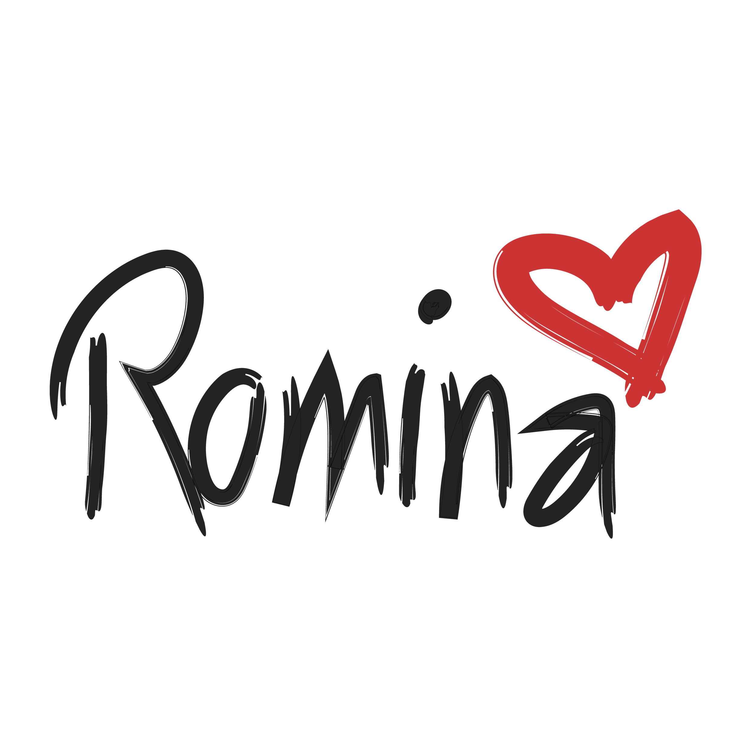 Hand-drawn black text saying 'Roma' with a red heart above the letter 'm' on a black background.