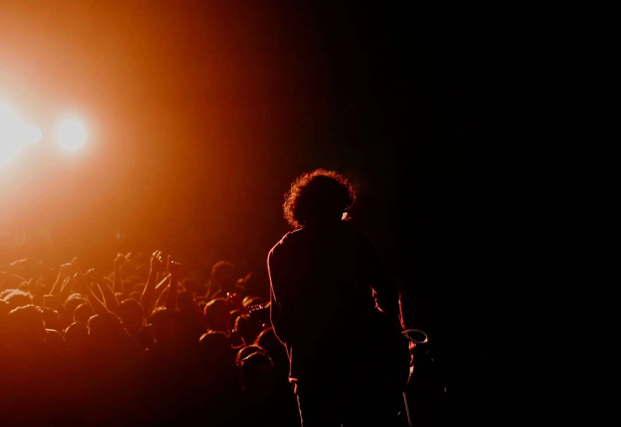 A person with curly hair standing in front of a large crowd at a concert, illuminated by stage lighting from the left side of the image.