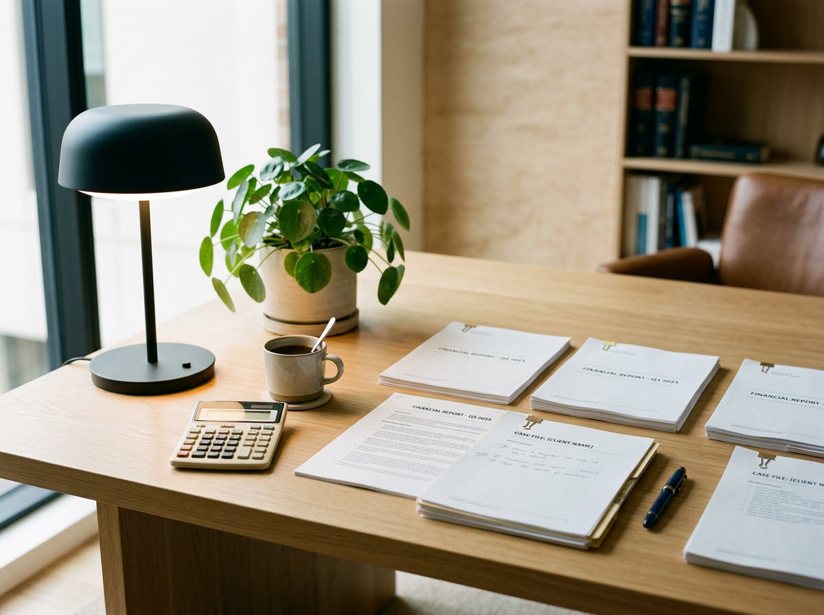 Attorney desk with calculator and financial reports