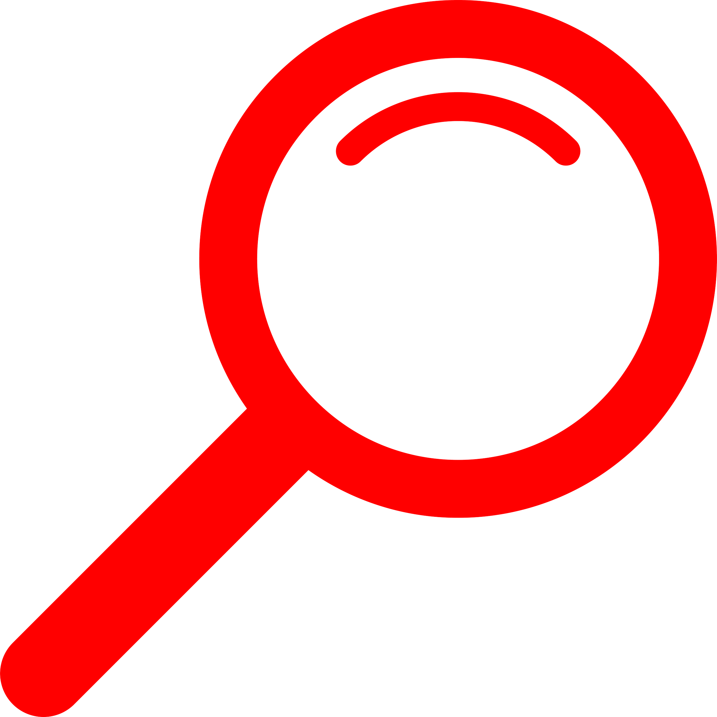 L'image montre une loupe rouge sur un fond noir.