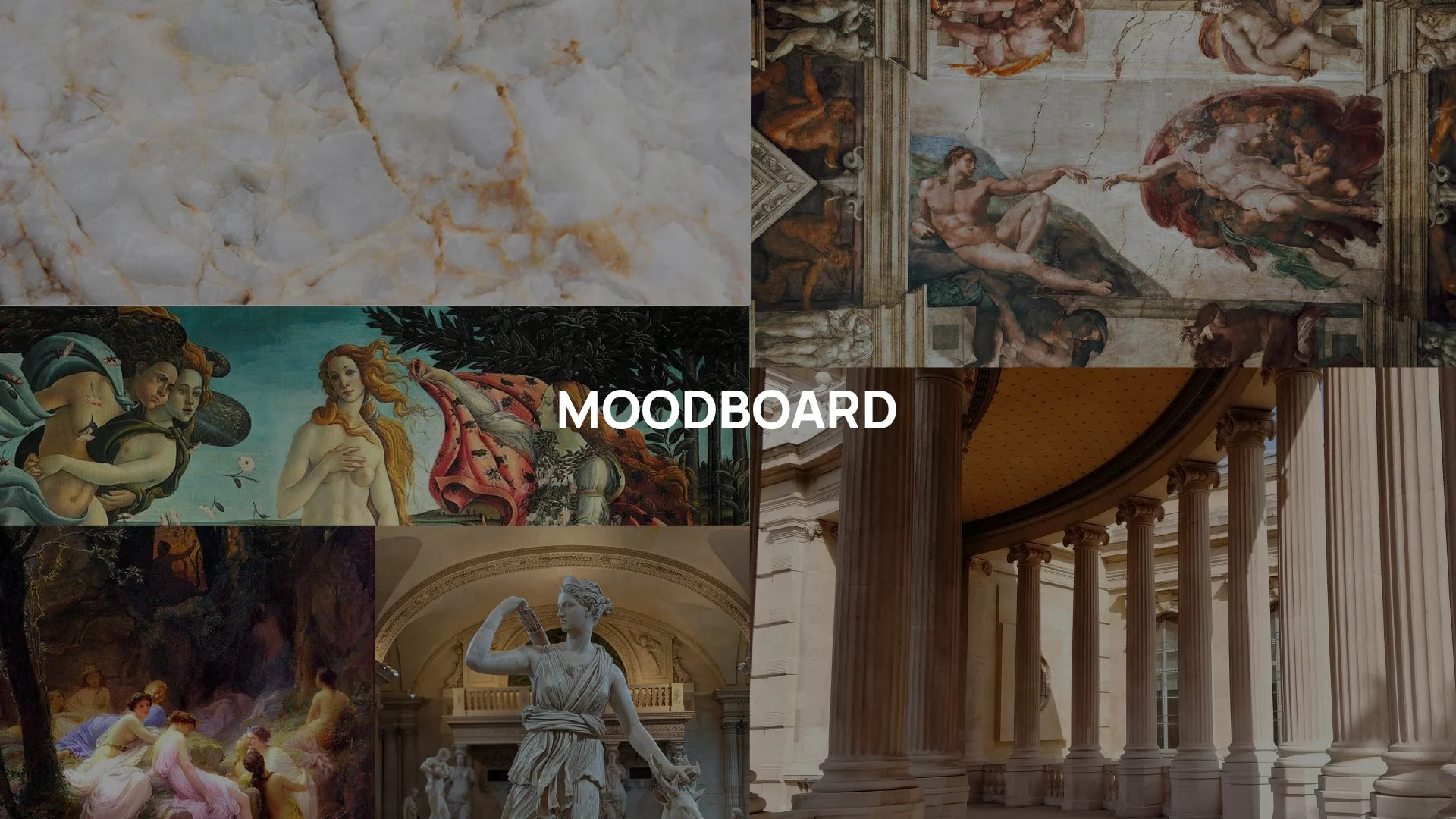 Une mosaïque de plusieurs œuvres d'art célèbres et une architecture grandiose, avec le mot 'MOODBOARD' en texte central.
