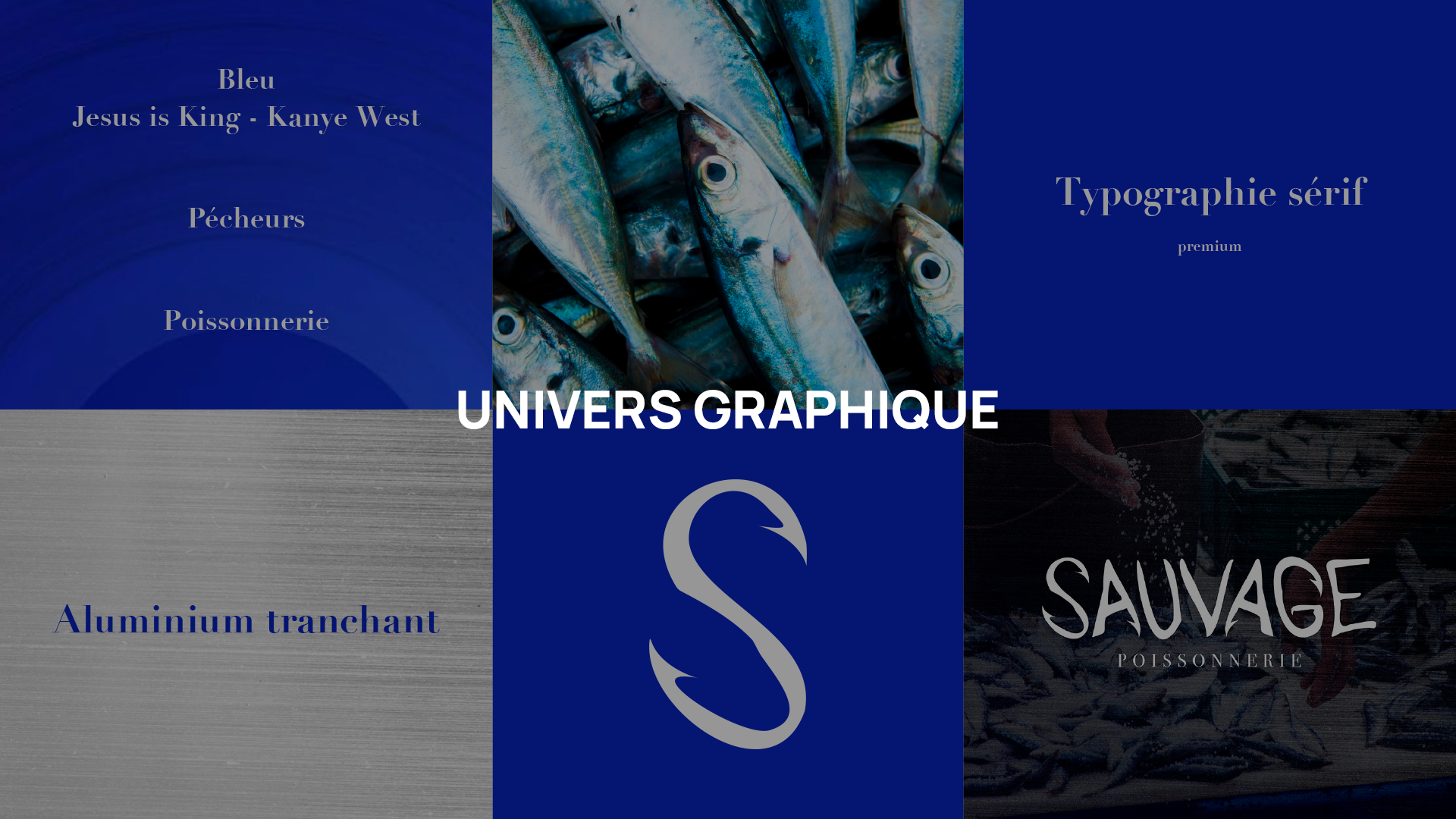 Image composant plusieurs sections avec des poissons, du texte en français, et un logo de héron, représentant un univers graphique lié à la pêche et à la poissonnerie.