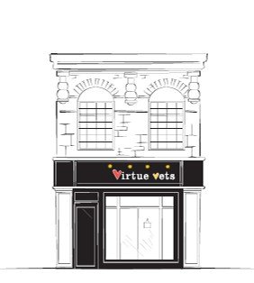Storefront of Virtue Vets, a modern veterinary clinic for pets, with large display window, striped awning, and people outside with dogs and a person sitting on a yellow bench.
