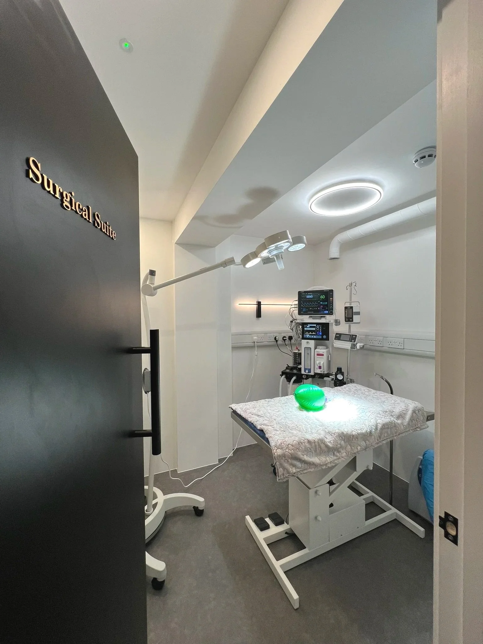Hospital room with medical equipment, including monitors, a bed with a padded cover, and a green inflatable object on the bed, labeled 'Surgical Suite' on the door.
