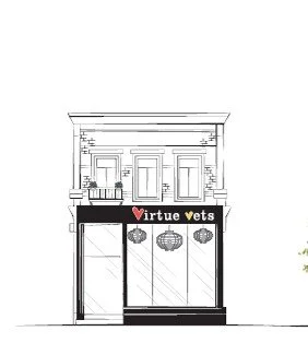 Modern pet-friendly clinic interior with people sitting on sofas and benches, with dogs, large window, and decorative wall art.