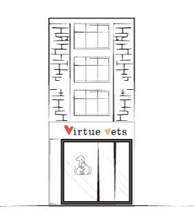 Modern pet-friendly clinic interior with people sitting on sofas and benches, with dogs, large window, and decorative wall art.