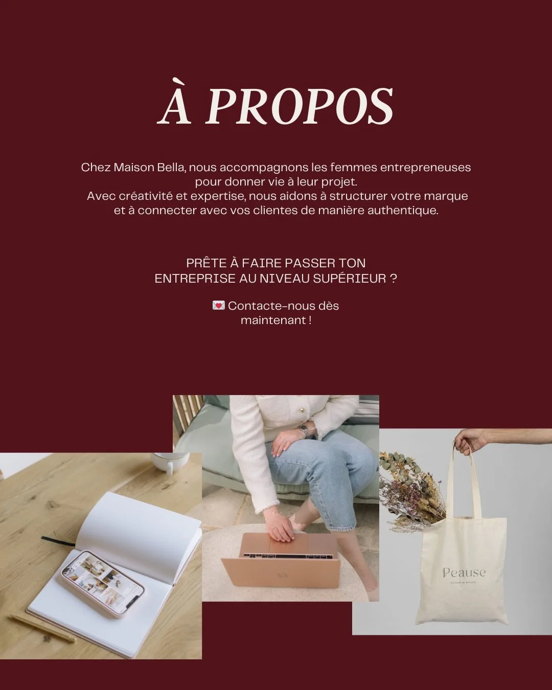Chez Maison Bella, chaque femme entrepreneuse m&eacute;rite d&rsquo;&ecirc;tre accompagn&eacute;e pour faire briller son projet ✨
Nous vous aidons &agrave; structurer votre marque, clarifier votre identit&eacute; et cr&eacute;er une connexion authent