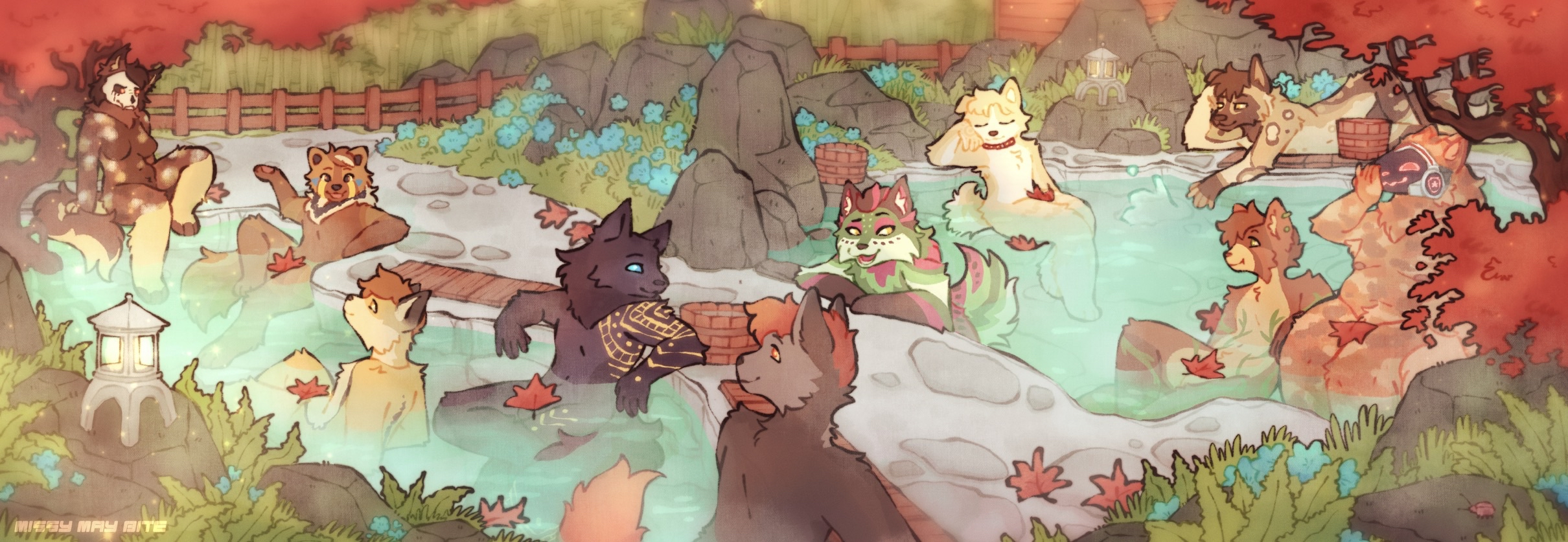 A group of anthropomorphic wolves relaxing in a hot spring surrounded by autumn trees and rocks with a traditional Japanese lantern in the foreground.